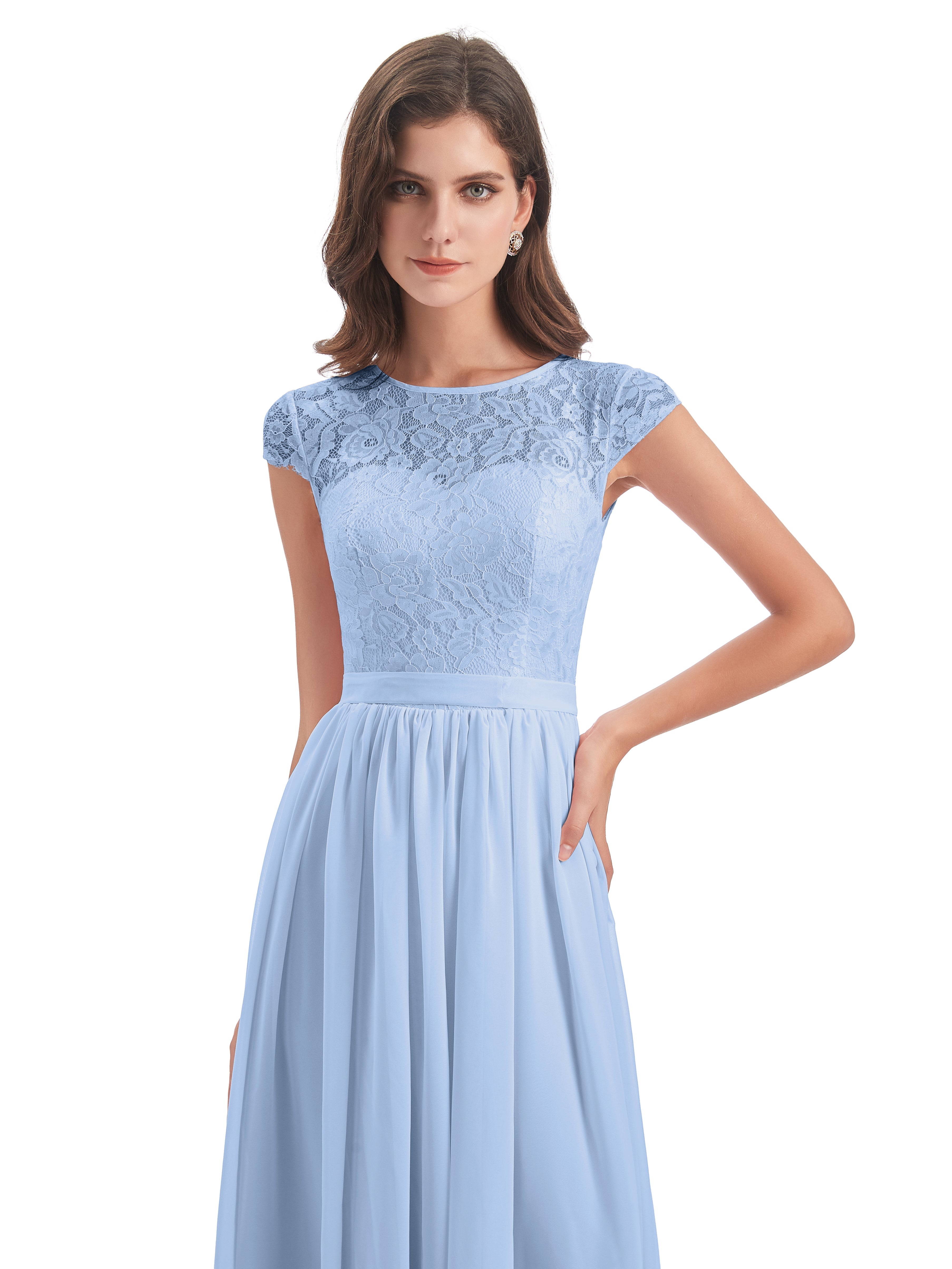 Robe Bleu Ciel Demoiselle D Honneur Trapèze Mancherons Illusion Dentelle/Mousseline Robes Demoiselle D'Honneur