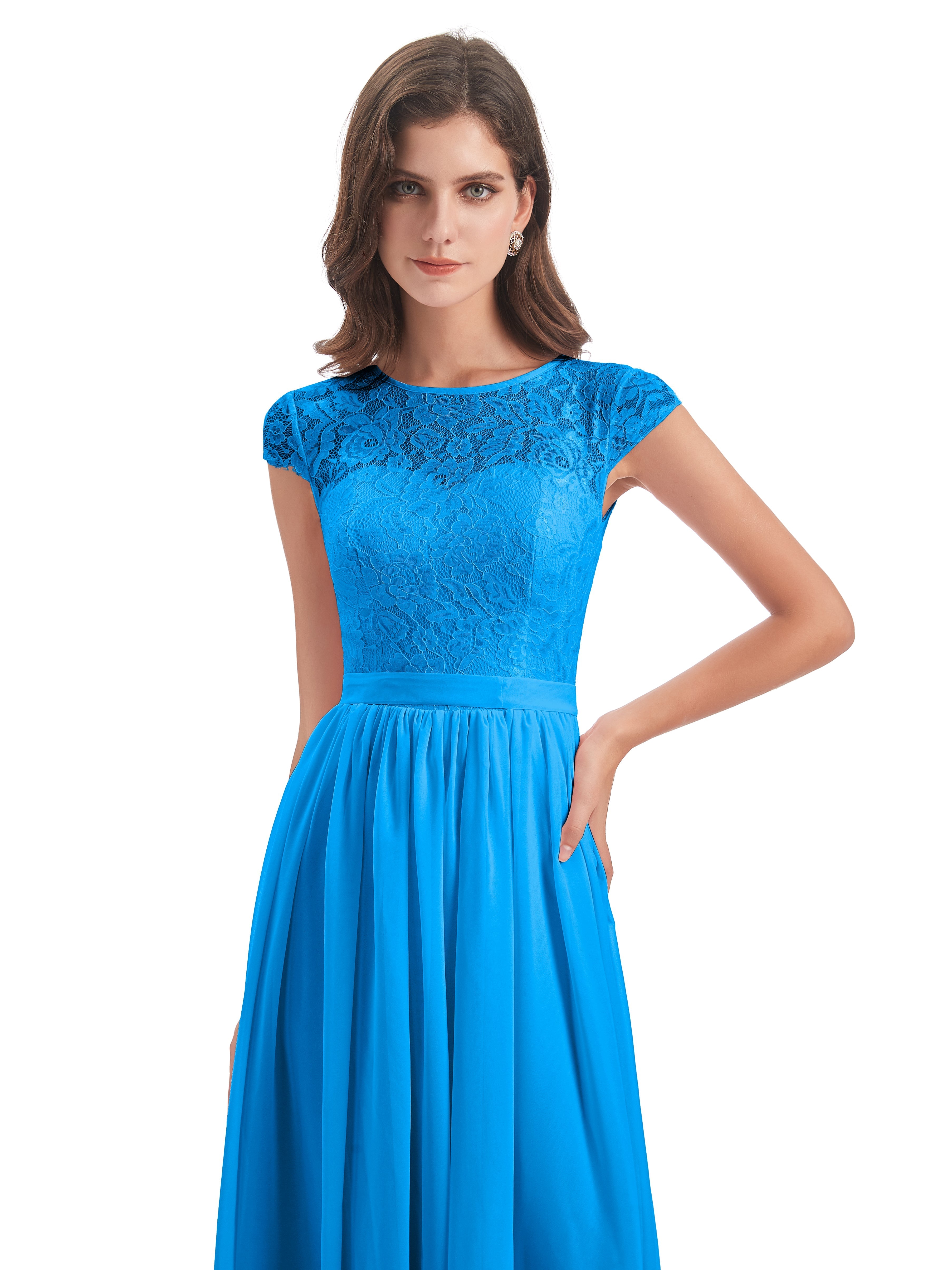 Robes De Demoiselle D'Honneur Bleu Océan Trapèze Mancherons Illusion Dentelle/Mousseline Robes Demoiselle D'Honneur