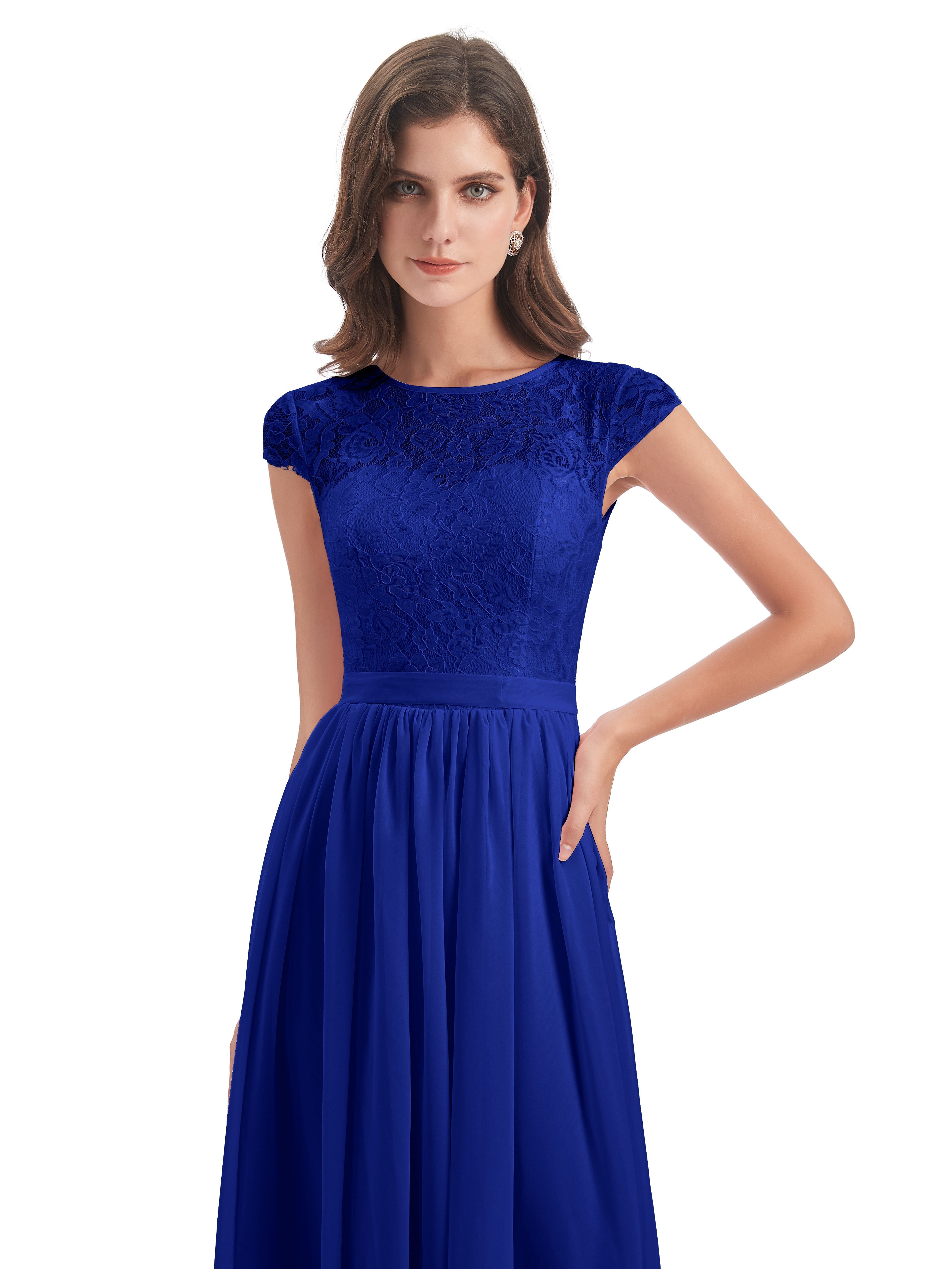 Demoiselle D Honneur Bleu Roi Trapèze Mancherons Illusion Dentelle/Mousseline Robes Demoiselle D'Honneur