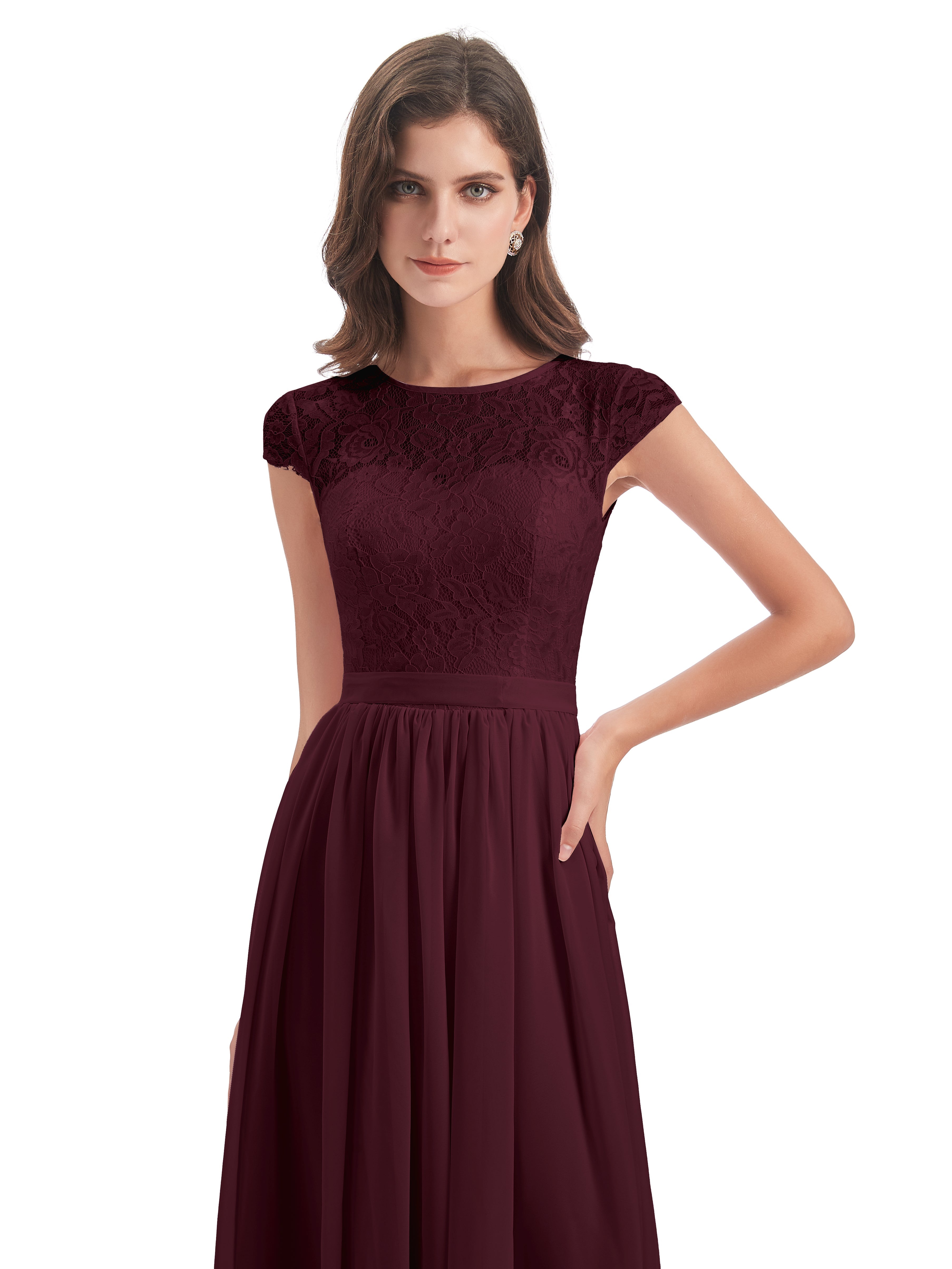 Robes De Demoiselle D'Honneur Cabernet Trapèze Mancherons Illusion Dentelle/Mousseline Robes Demoiselle D'Honneur