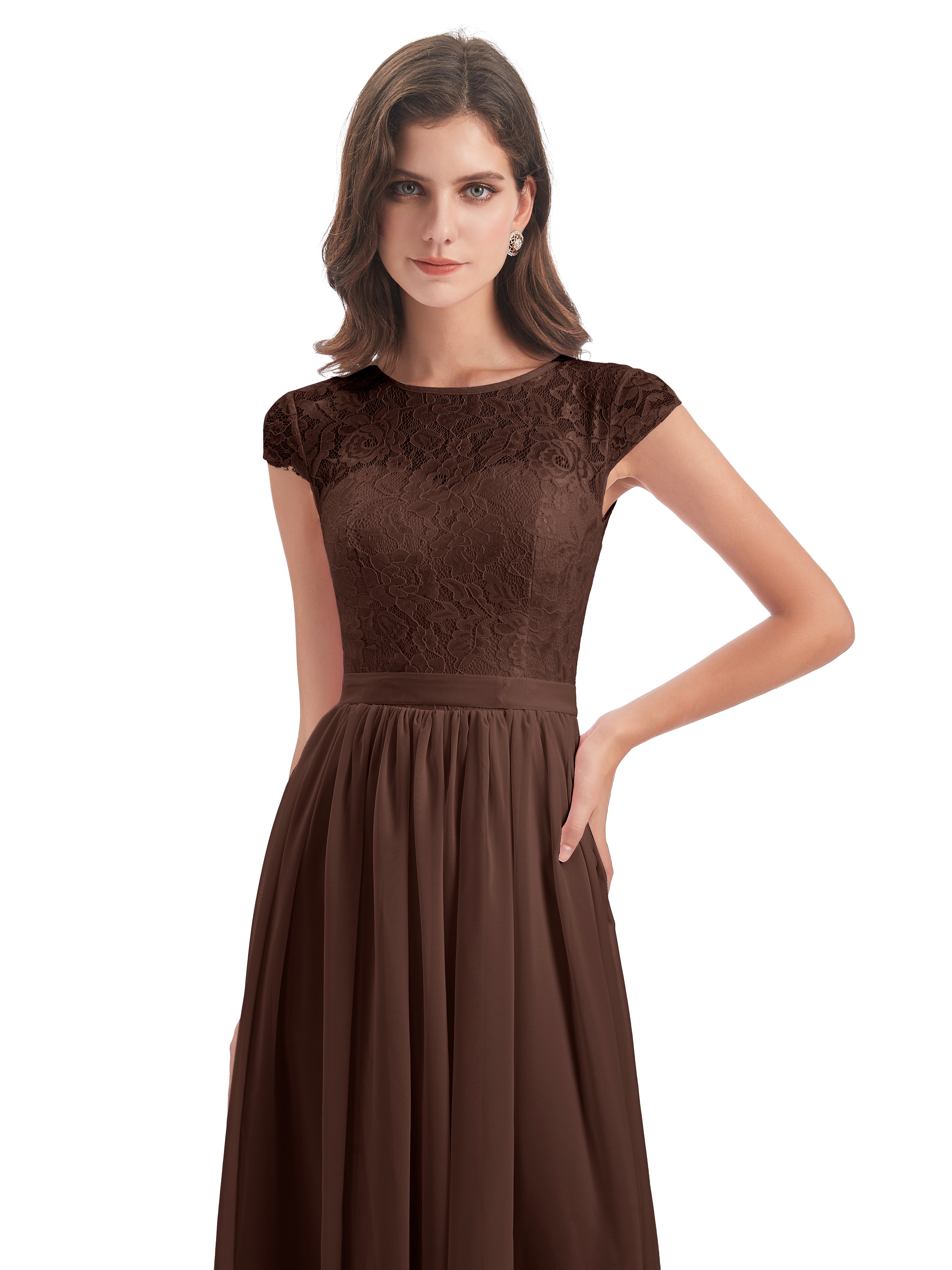 Robes De Demoiselle D'Honneur En Chocolat Trapèze Mancherons Illusion Dentelle/Mousseline Robes Demoiselle D'Honneur