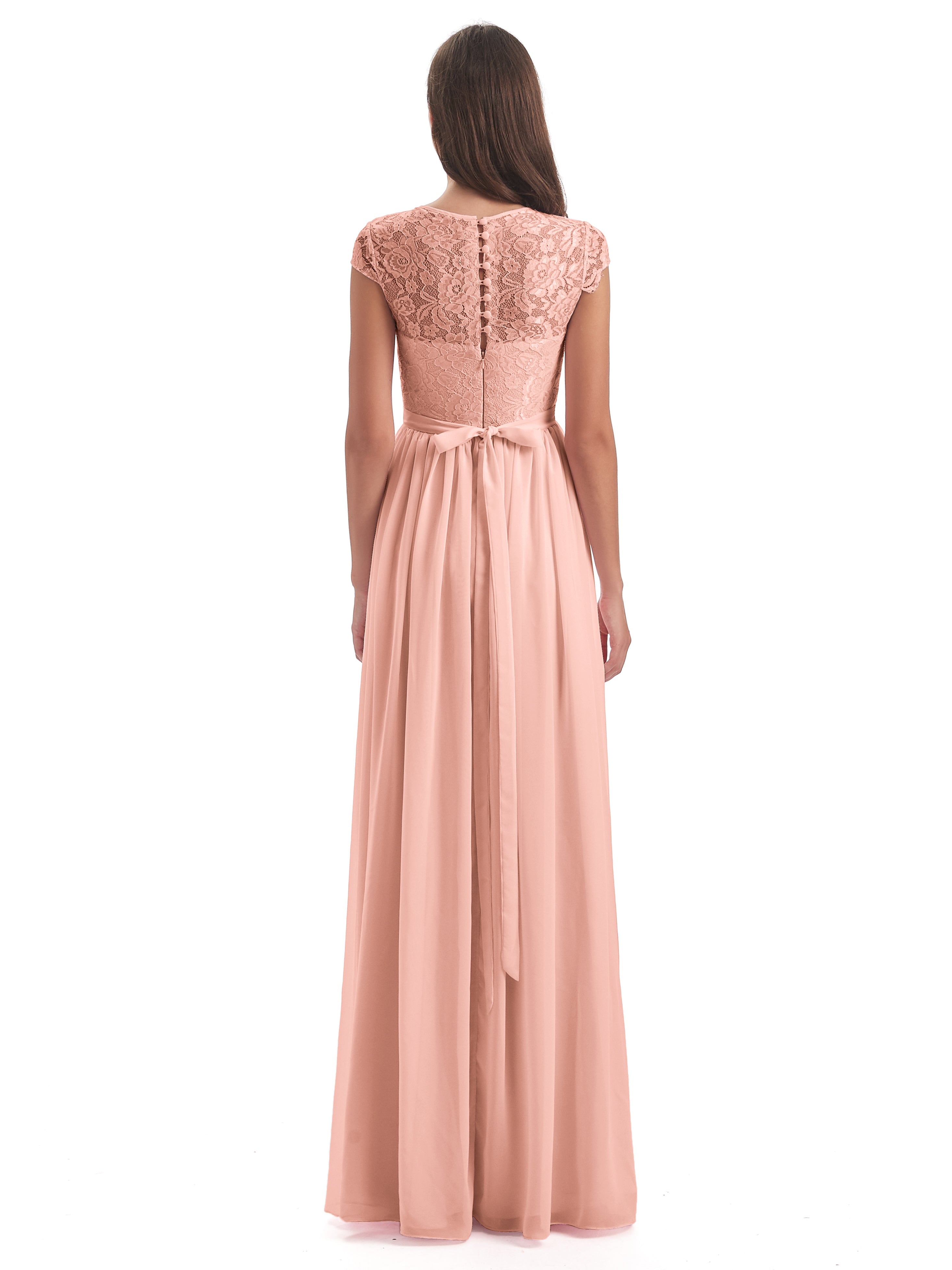 Robe De Demoiselle D Honneur Couleur Corail Trapèze Mancherons Illusion Dentelle/Mousseline Robes Demoiselle D'Honneur