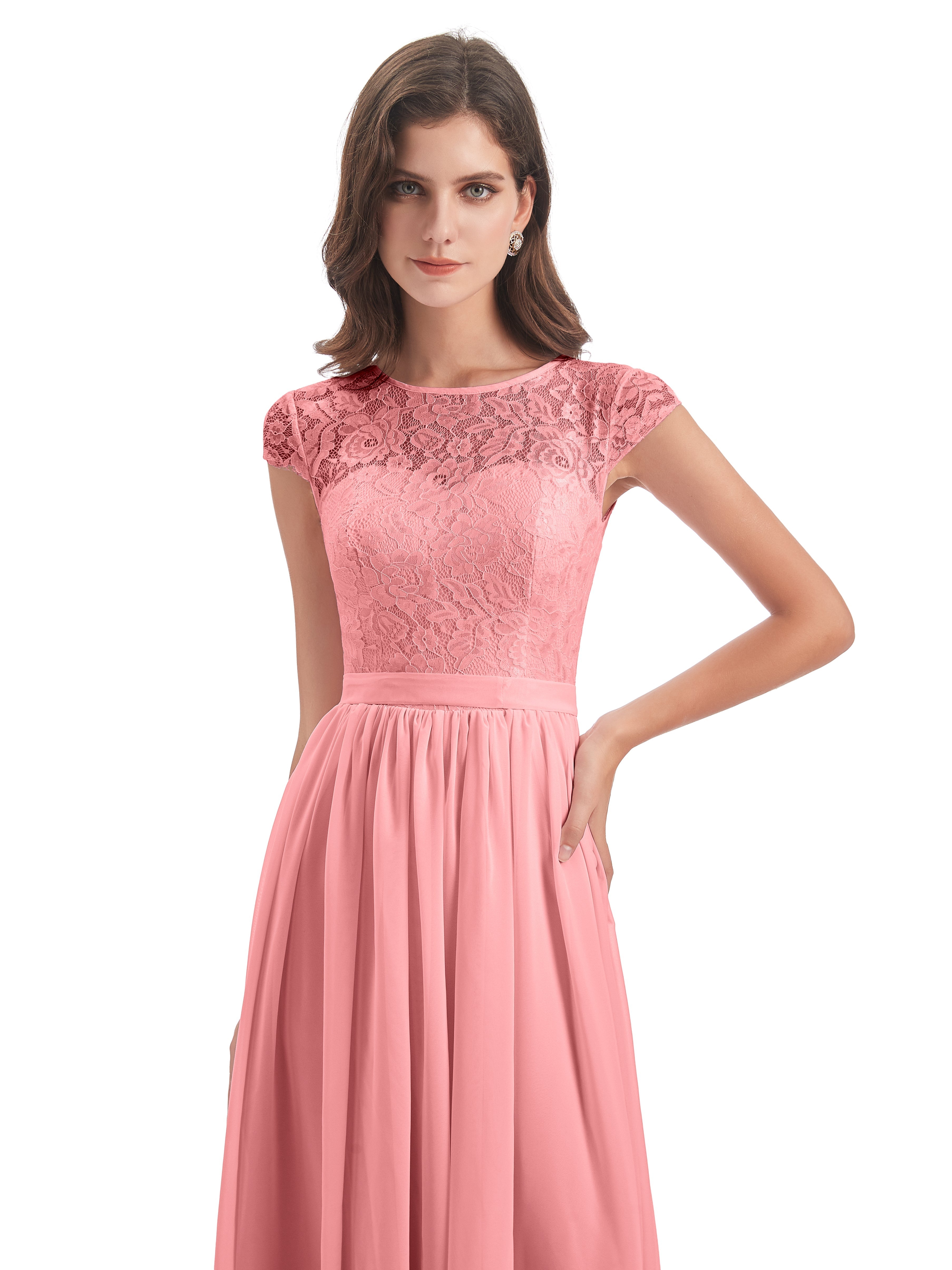 Robes De Demoiselle D'Honneur En Flamant Trapèze Mancherons Illusion Dentelle/Mousseline Robes Demoiselle D'Honneur