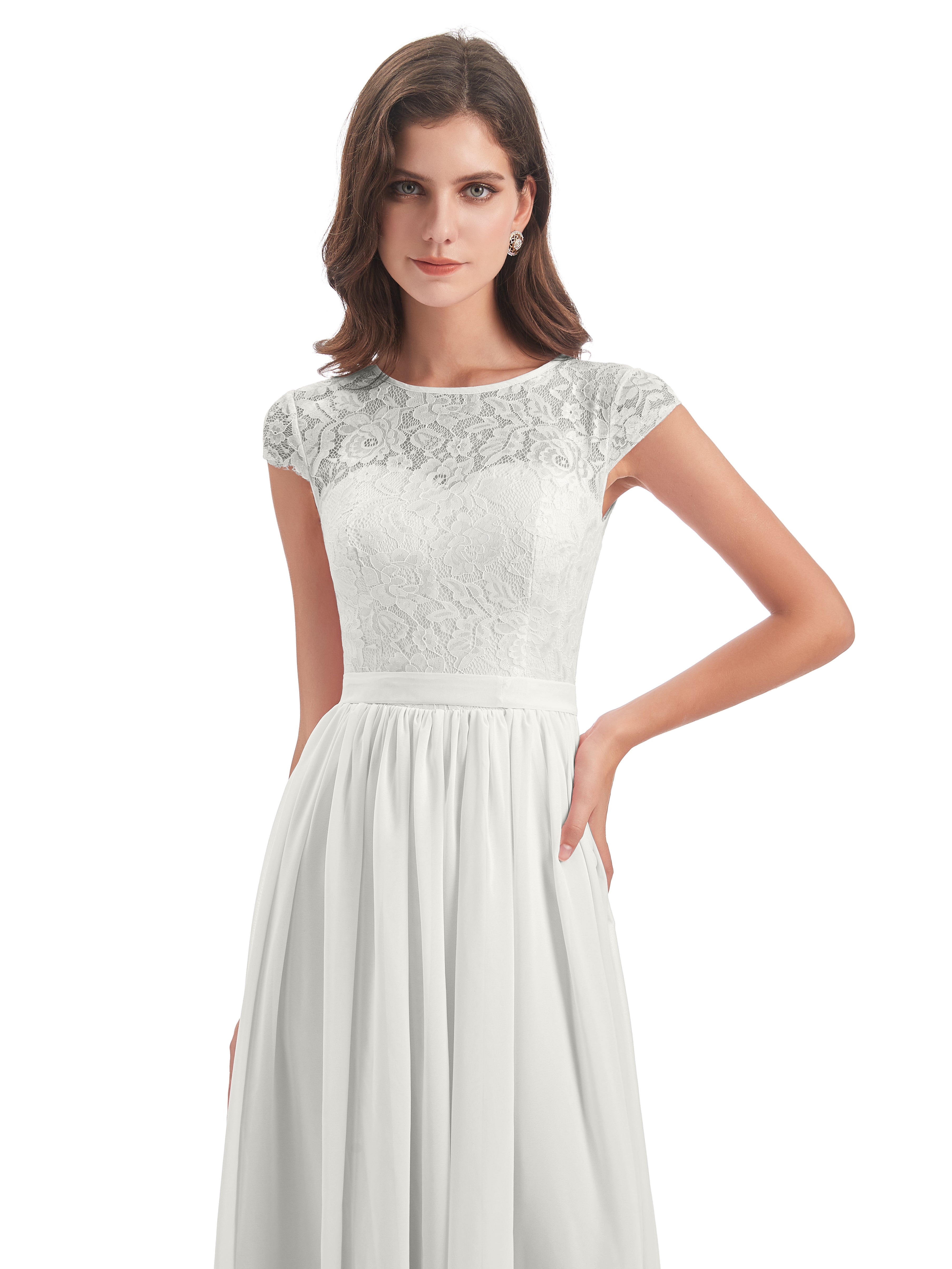 Robe Ivoire Demoiselle D Honneur Trapèze Mancherons Illusion Dentelle/Mousseline Robes Demoiselle D'Honneur