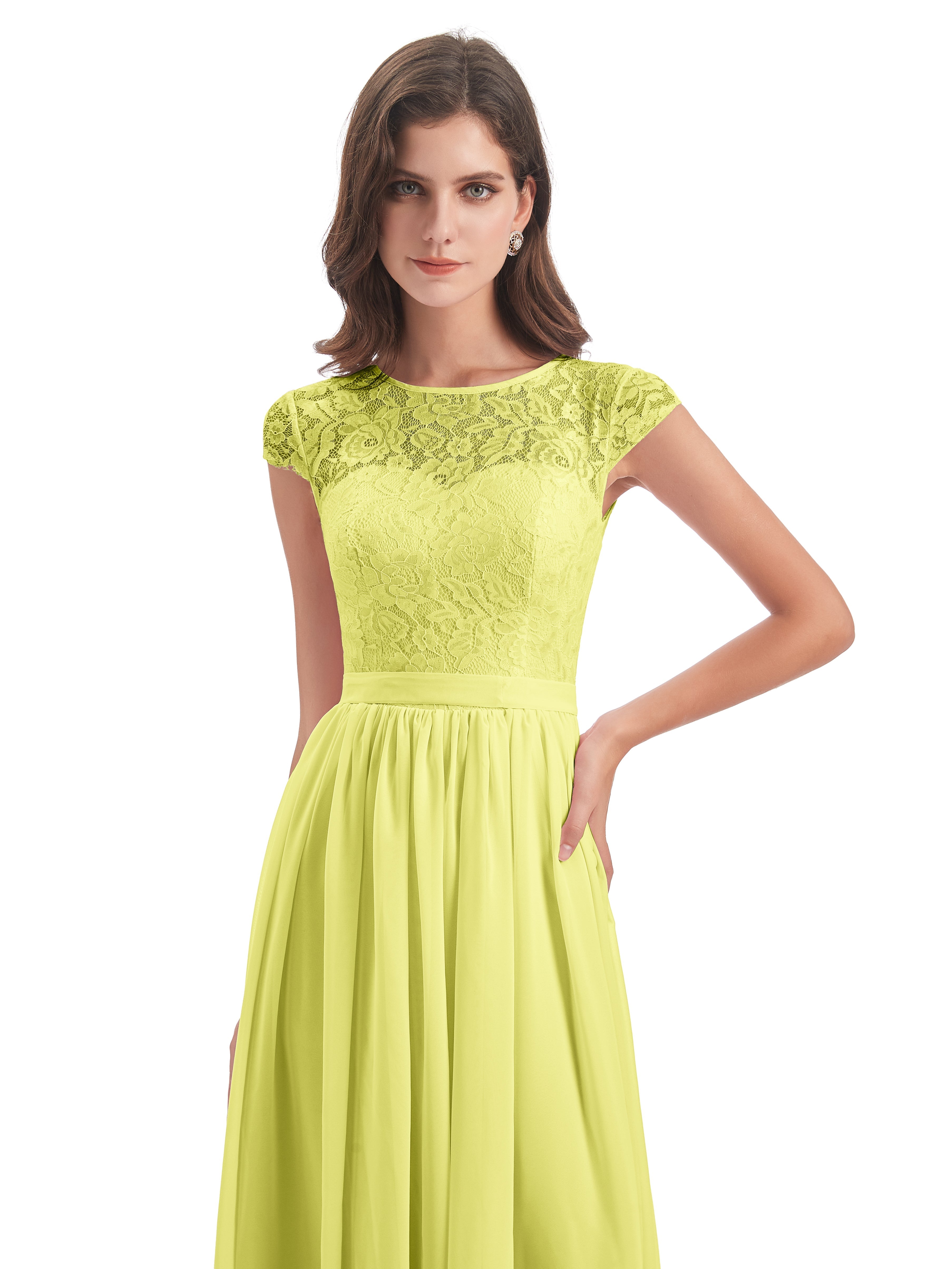 Robes De Demoiselle D'Honneur Jonquille Trapèze Mancherons Illusion Dentelle/Mousseline Robes Demoiselle D'Honneur