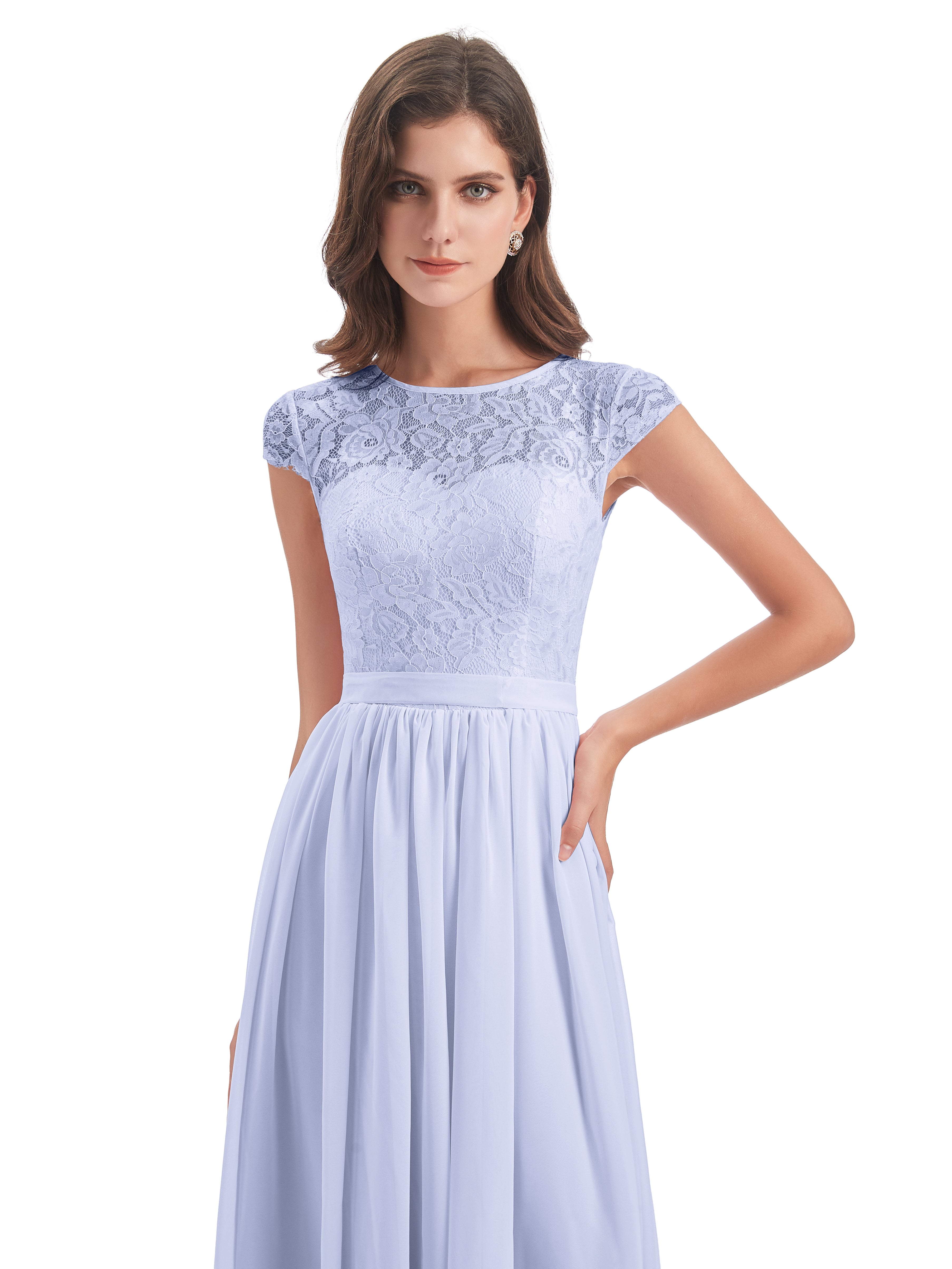 Robes De Demoiselle D'Honneur Lavande Trapèze Mancherons Illusion Dentelle/Mousseline Robes Demoiselle D'Honneur