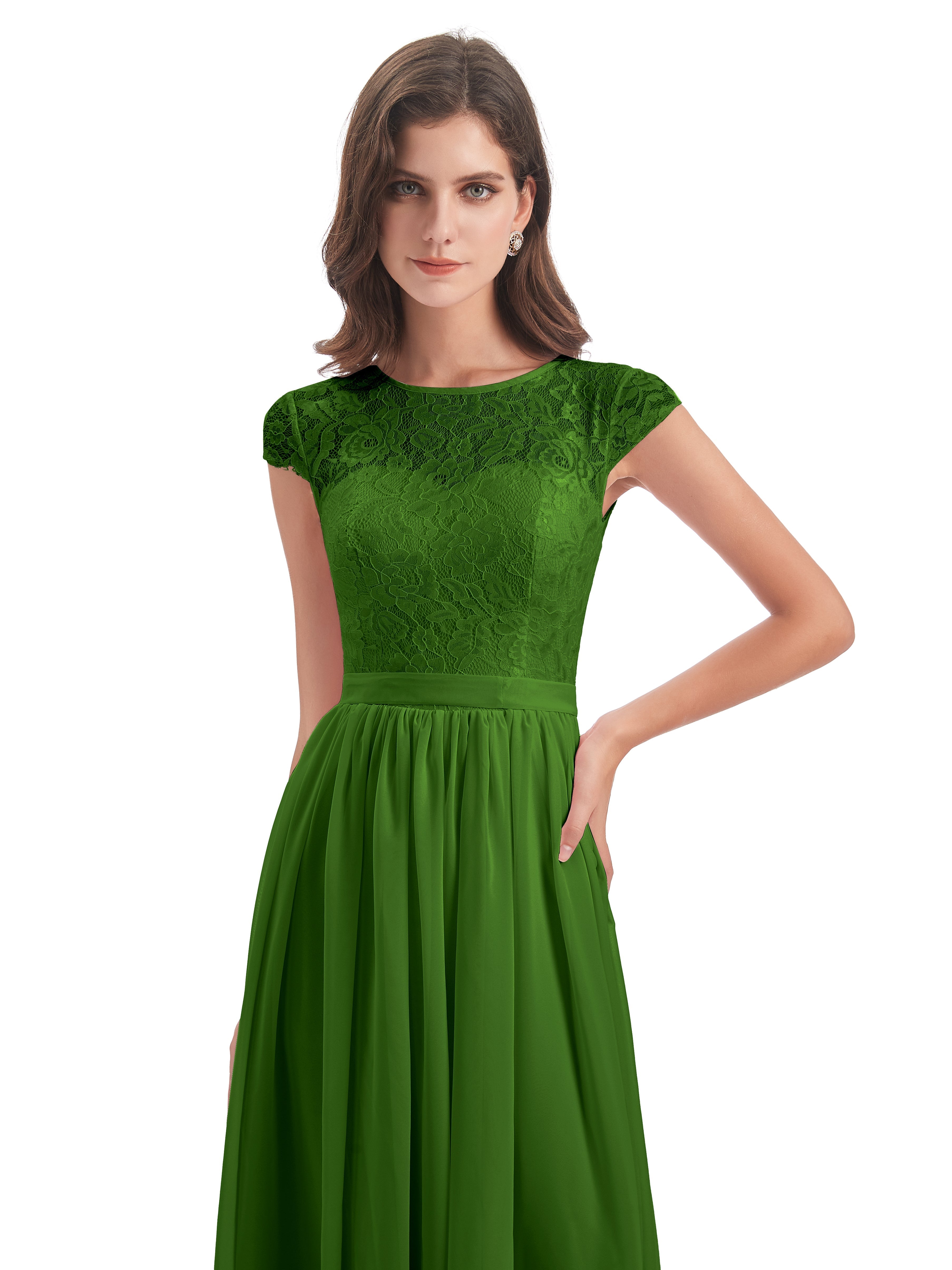 Robes De Demoiselle D'Honneur Vert Mousse Trapèze Mancherons Illusion Dentelle/Mousseline Robes Demoiselle D'Honneur