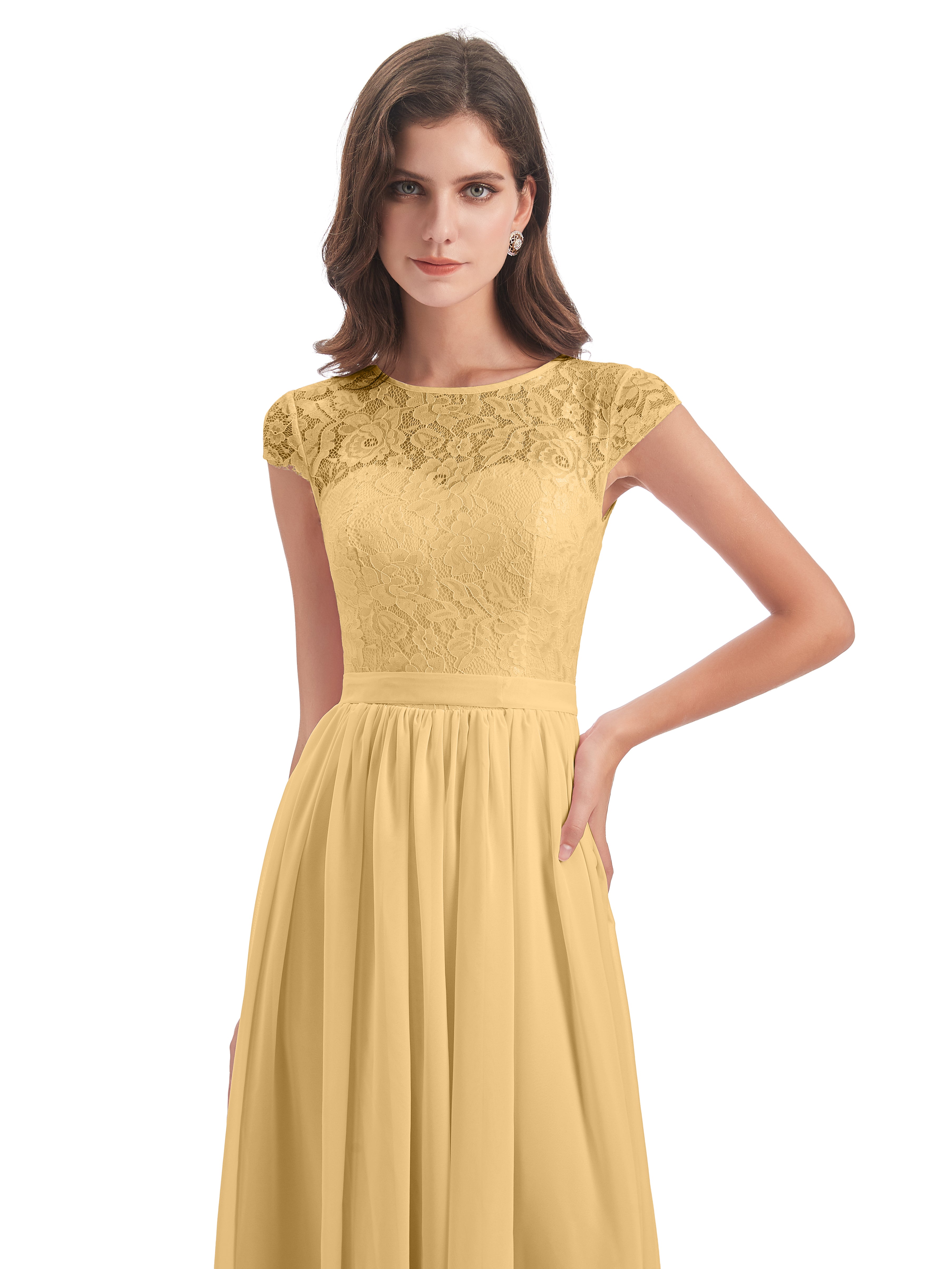 Robe Doré Demoiselle D Honneur Trapèze Mancherons Illusion Dentelle/Mousseline Robes Demoiselle D'Honneur