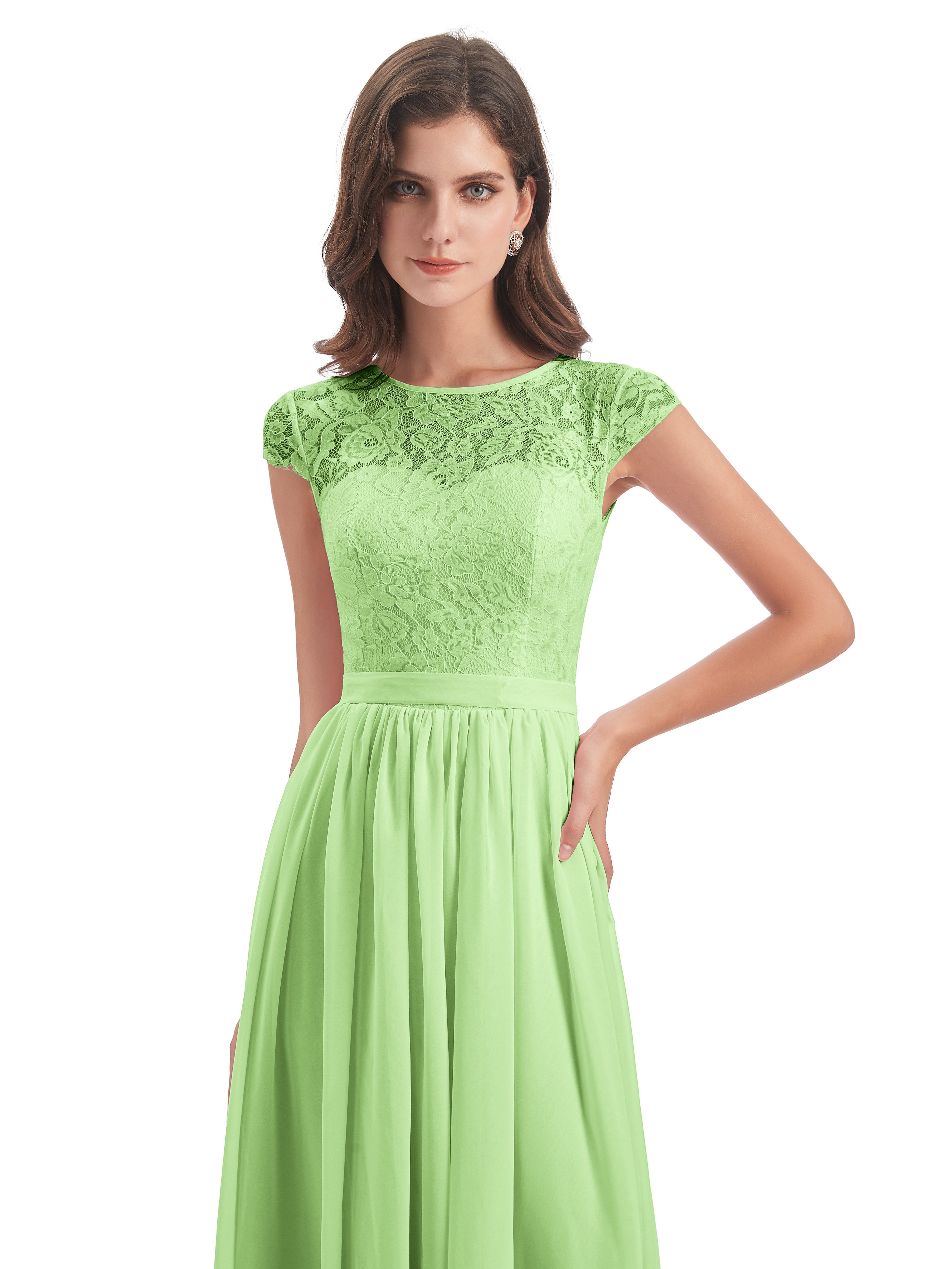 Robes De Demoiselle D'Honneur Vert Sauge Trapèze Mancherons Illusion Dentelle/Mousseline Robes Demoiselle D'Honneur