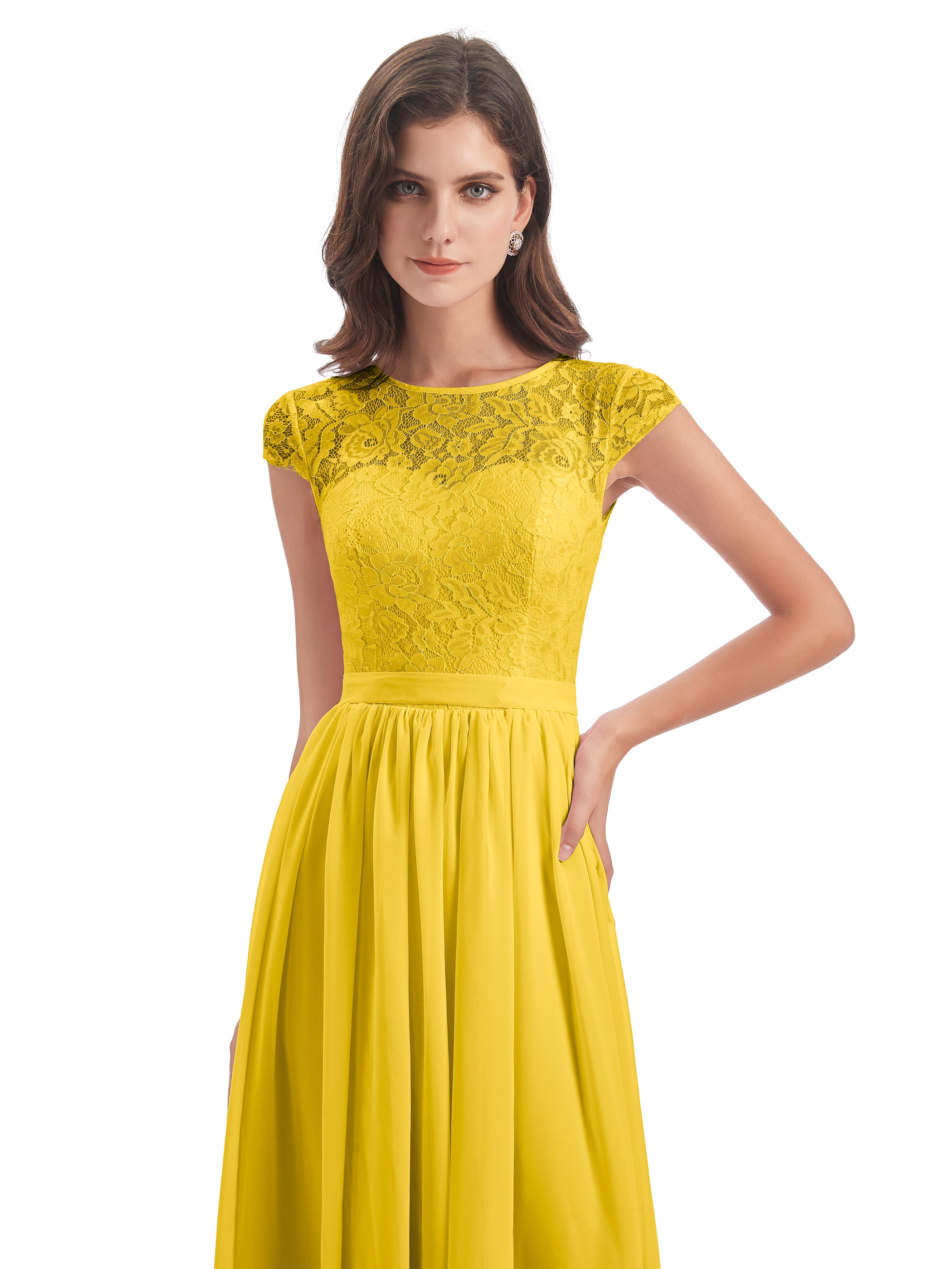 Robe De Demoiselle D'Honneur Souci Trapèze Mancherons Illusion Dentelle/Mousseline Robes Demoiselle D'Honneur