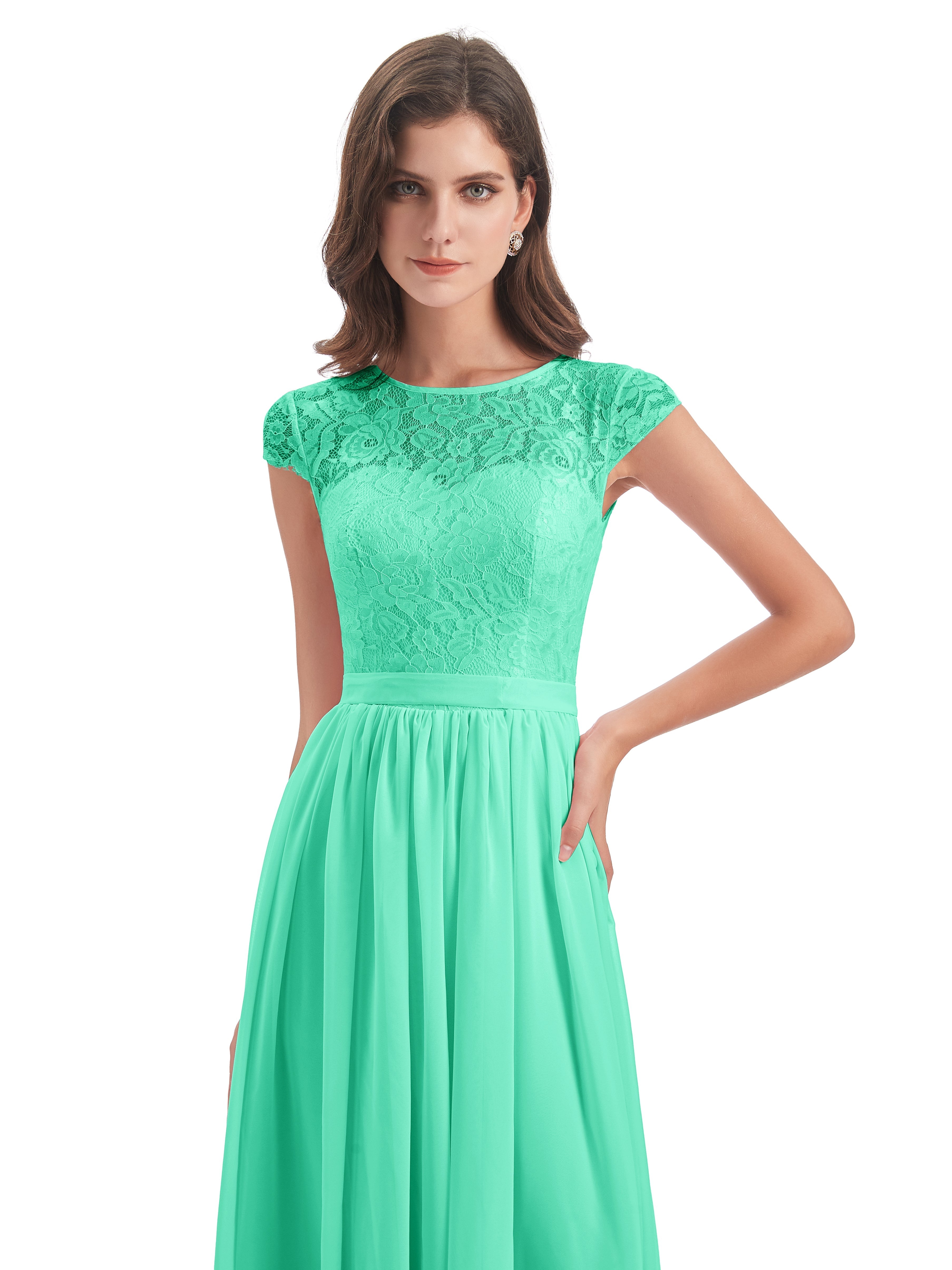 Robes De Demoiselle D'Honneur Bleu Turquoise Trapèze Mancherons Illusion Dentelle/Mousseline Robes Demoiselle D'Honneur