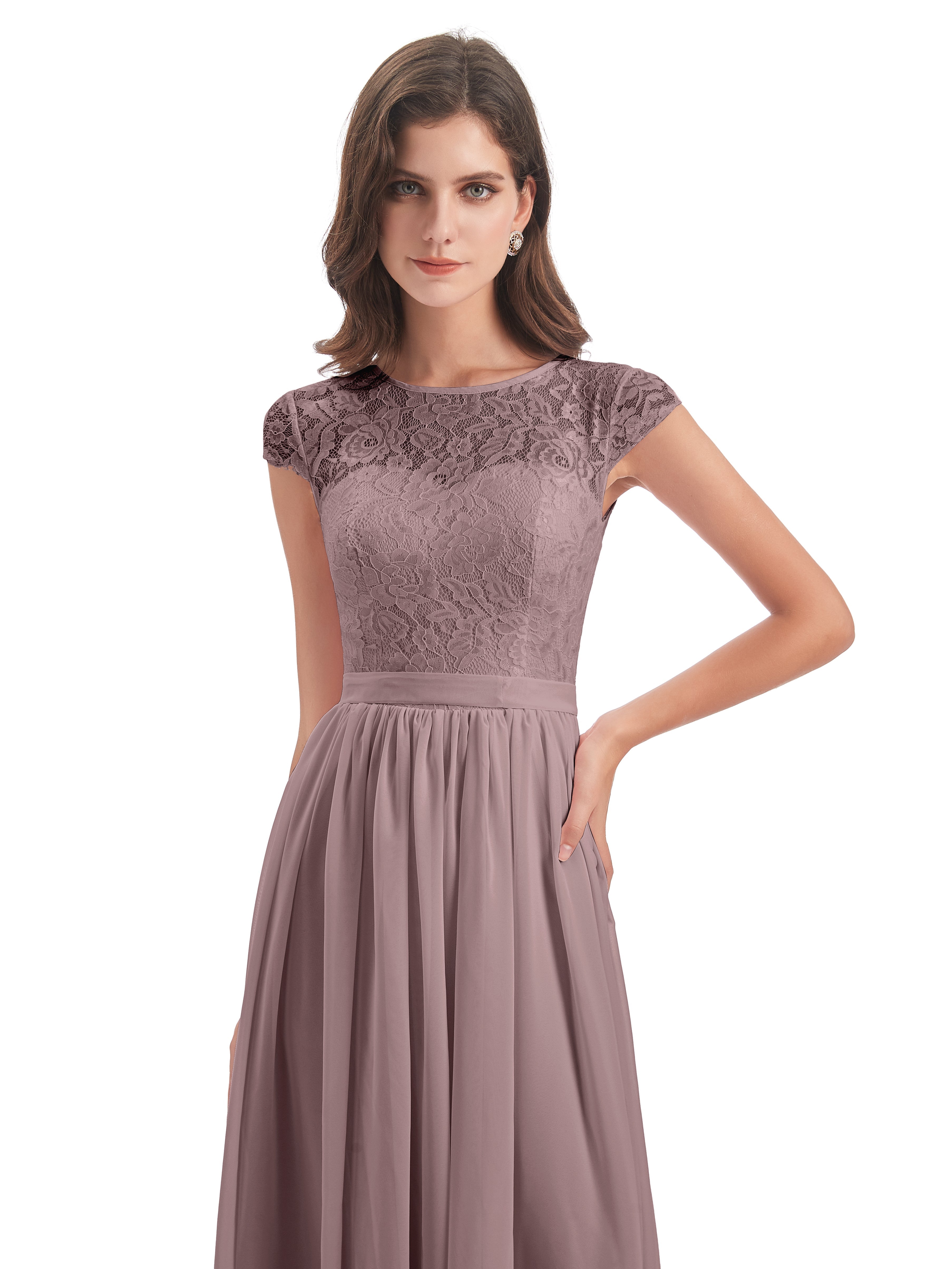 Robes De Demoiselle D'Honneur Vintage Mauve Trapèze Mancherons Illusion Dentelle/Mousseline Robes Demoiselle D'Honneur