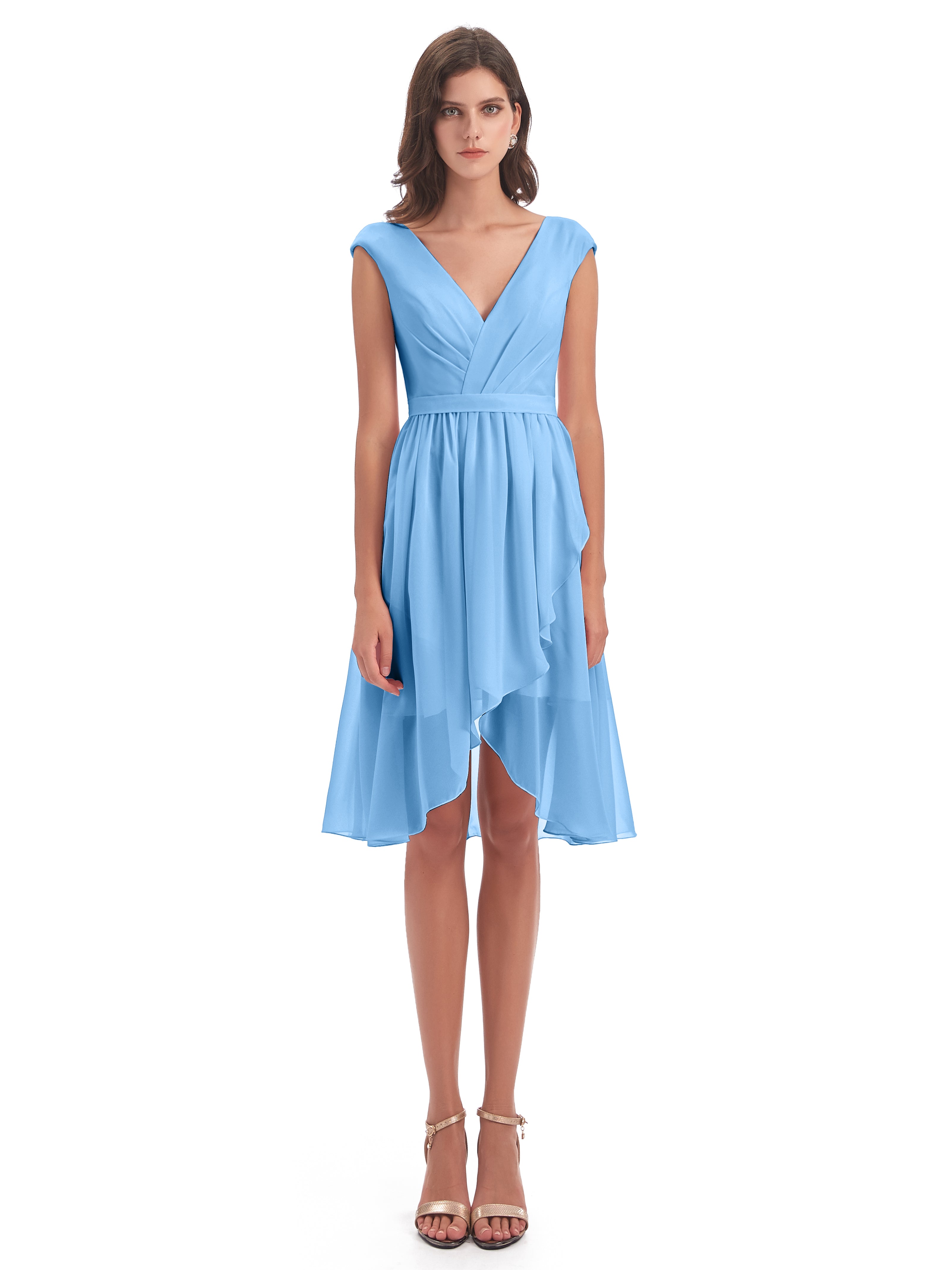 Robes De Demoiselle D'Honneur Bleu Bébé Trapèze Longueur Genou Mancherons Robes Demoiselle D'Honneur