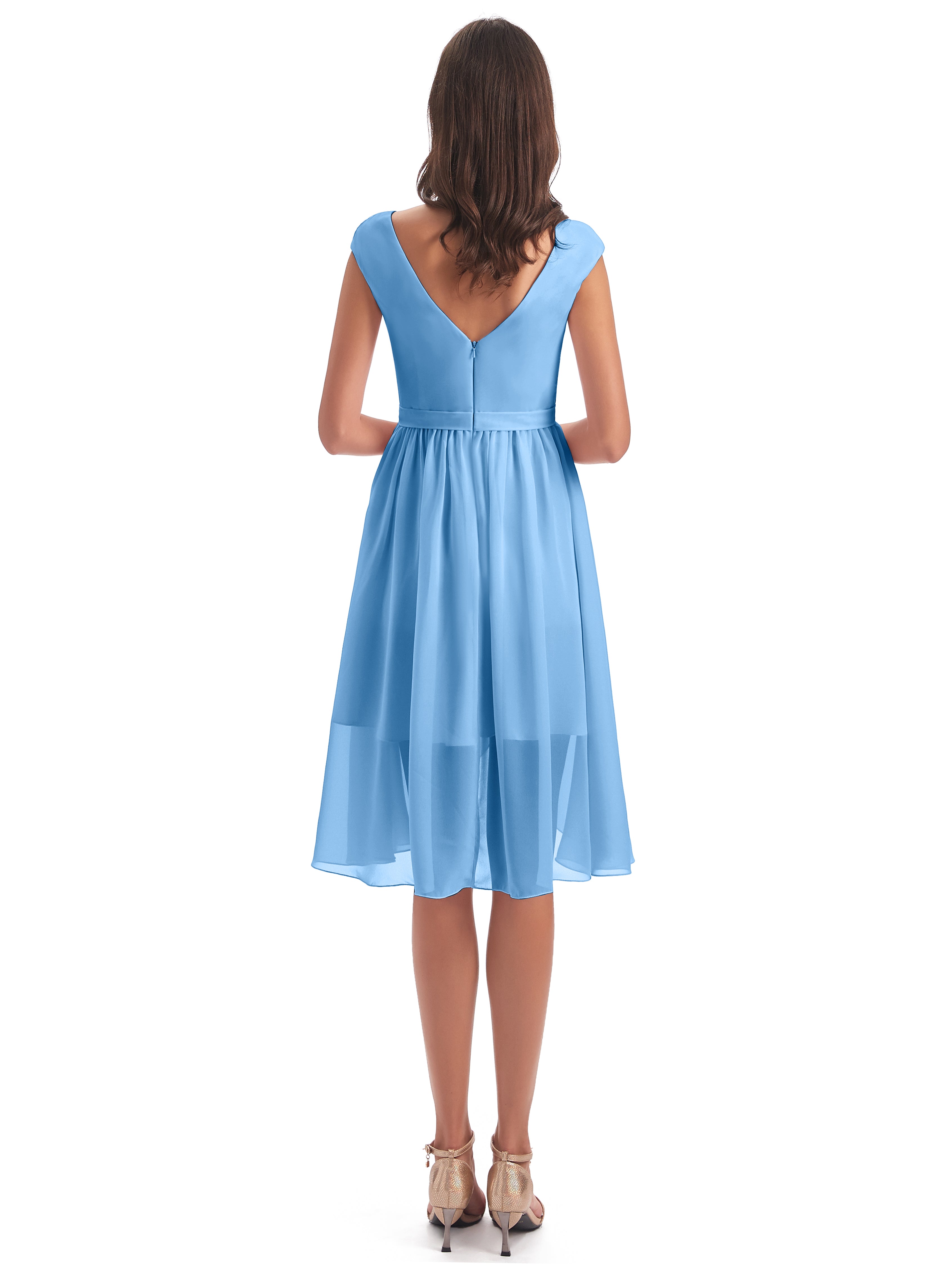 Robes De Demoiselle D'Honneur Bleu Bébé Trapèze Longueur Genou Mancherons Robes Demoiselle D'Honneur