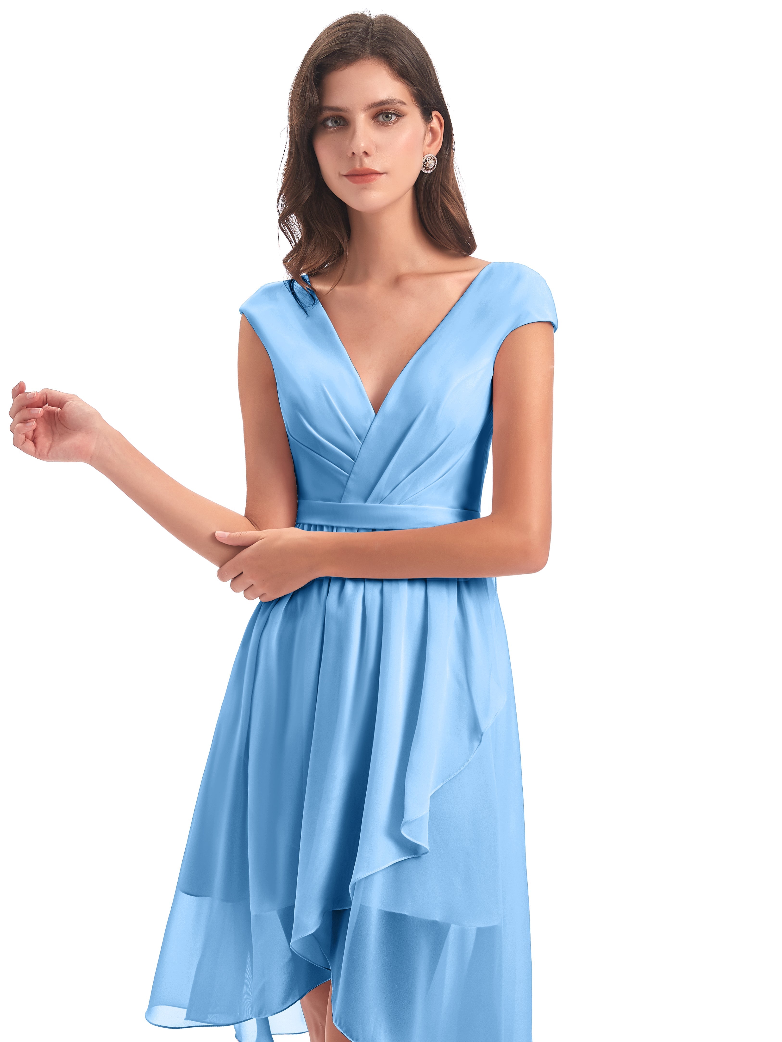 Robes De Demoiselle D'Honneur Bleu Bébé Trapèze Longueur Genou Mancherons Robes Demoiselle D'Honneur