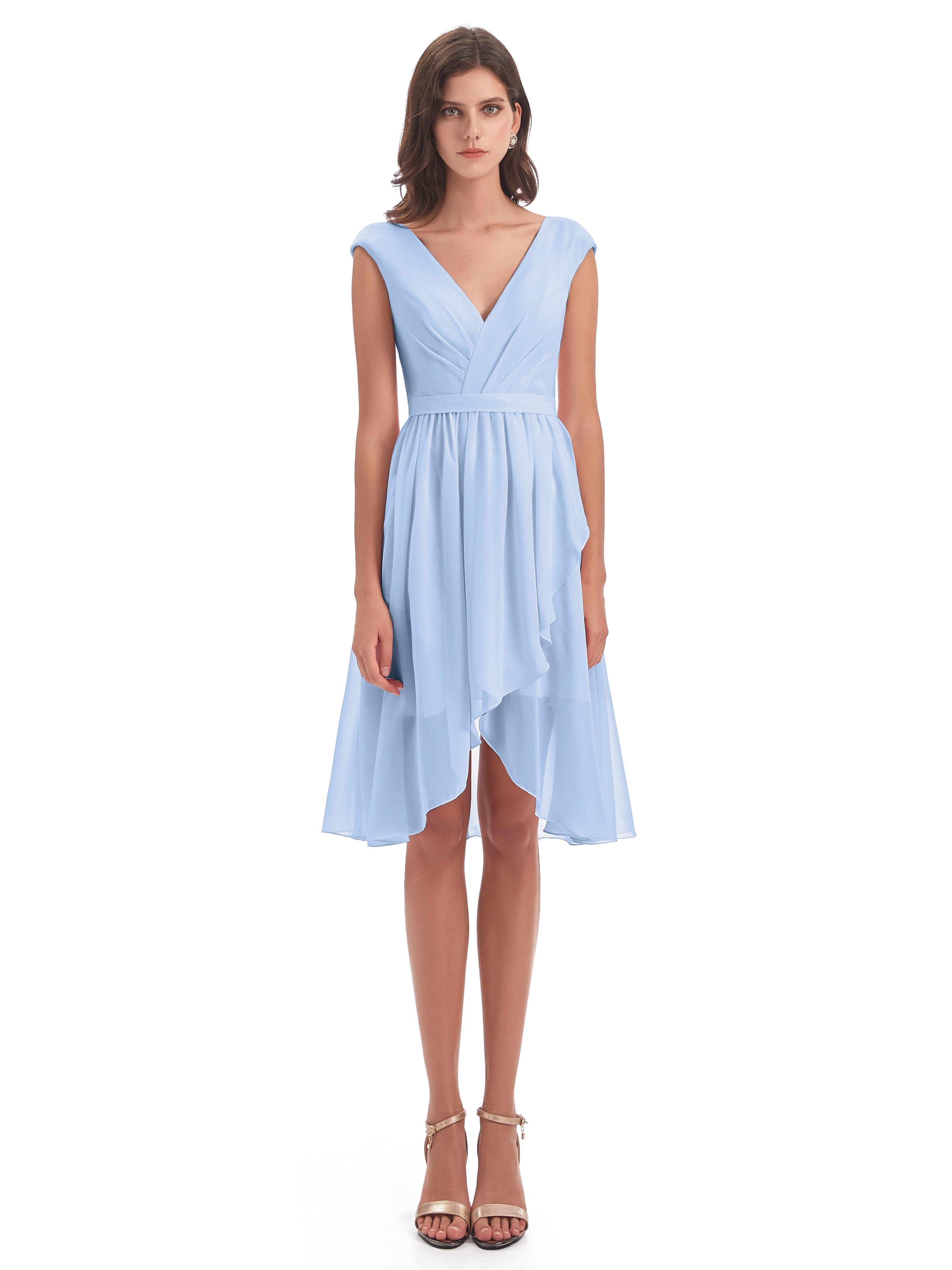 Demoiselle D Honneur Bleu Ciel Trapèze Longueur Genou Mancherons Robes Demoiselle D'Honneur