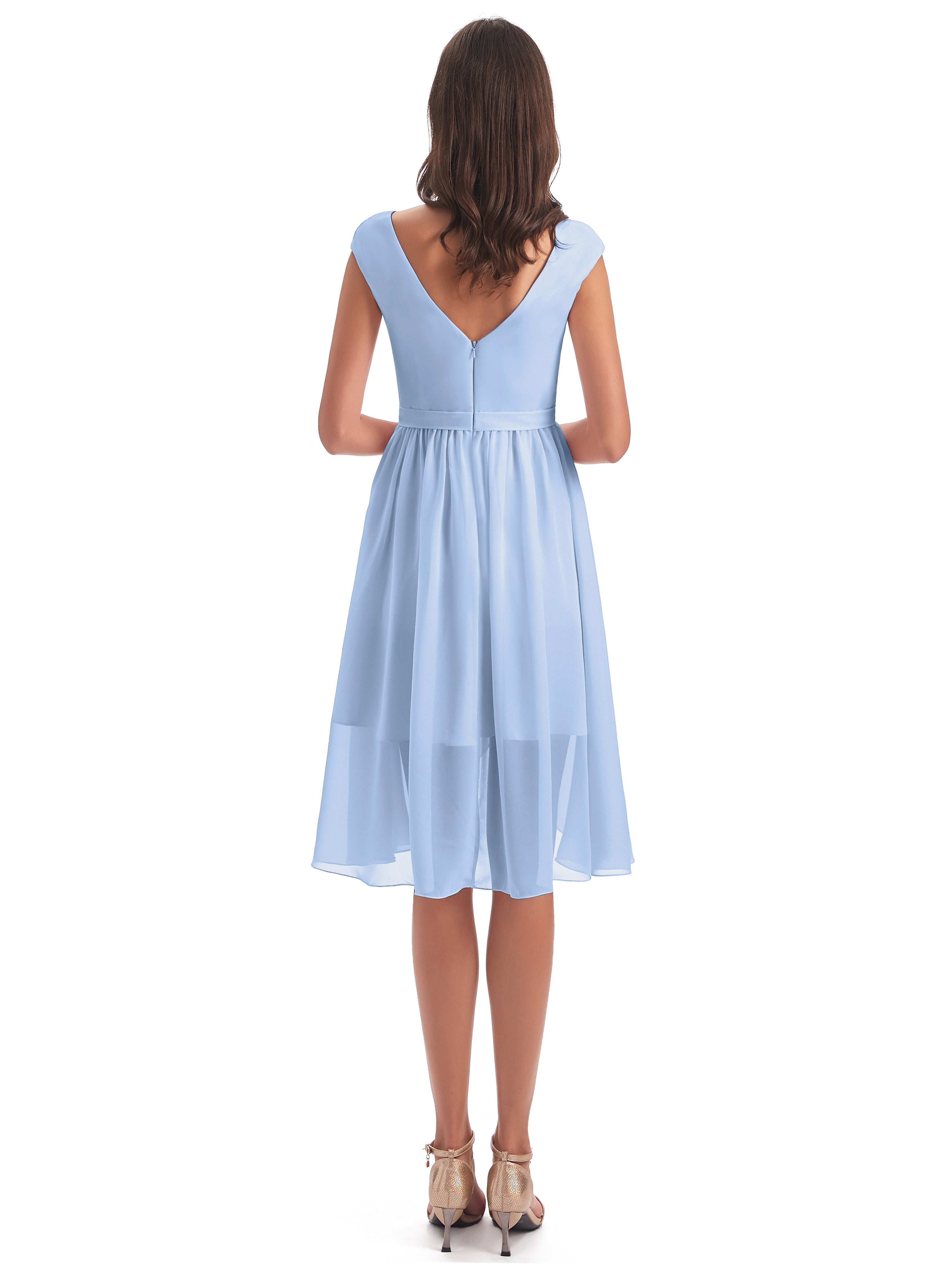 Demoiselle D Honneur Bleu Ciel Trapèze Longueur Genou Mancherons Robes Demoiselle D'Honneur