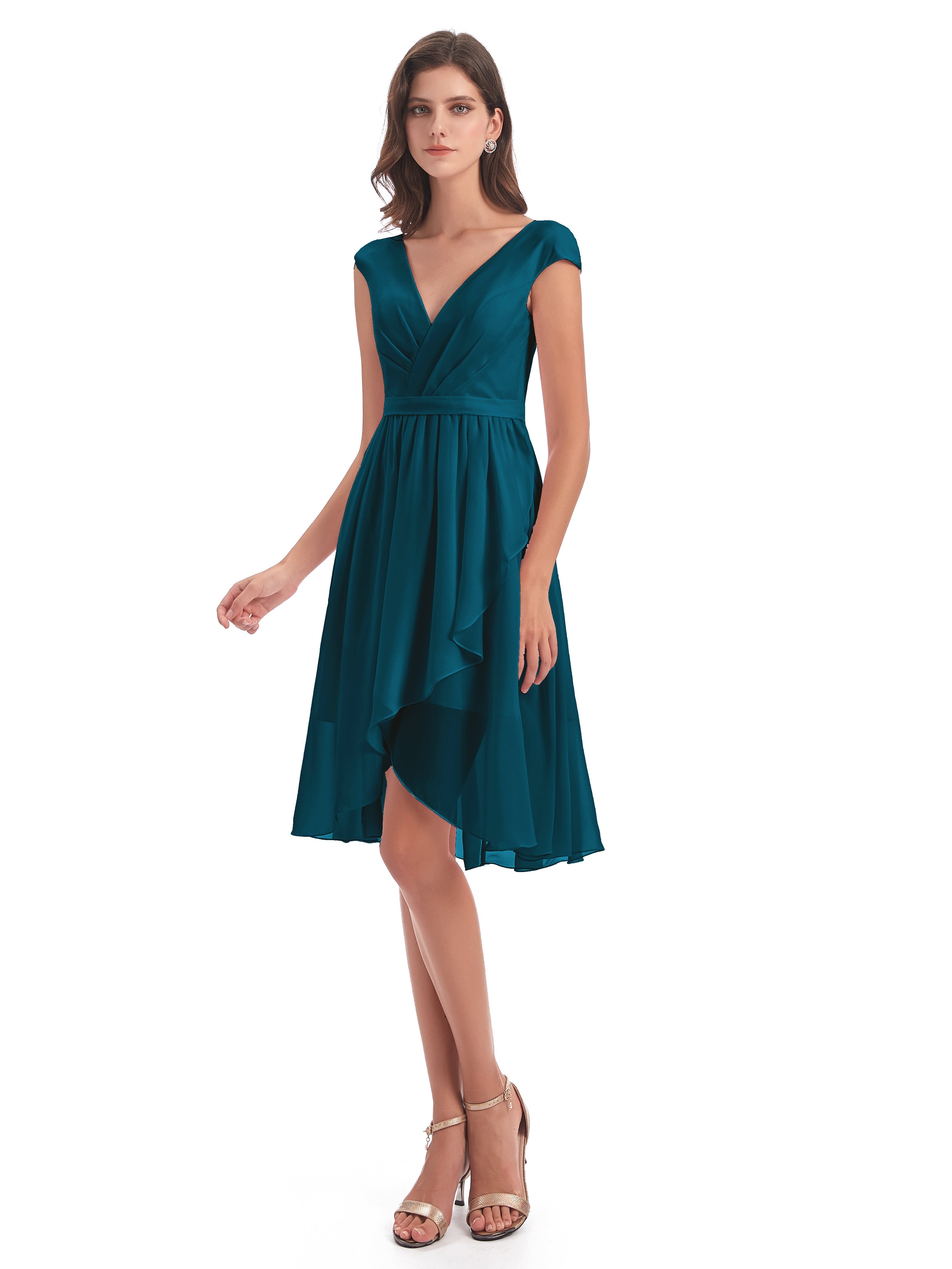 Robes De Demoiselle D'Honneur Bleu Encre Trapèze Longueur Genou Mancherons Robes Demoiselle D'Honneur