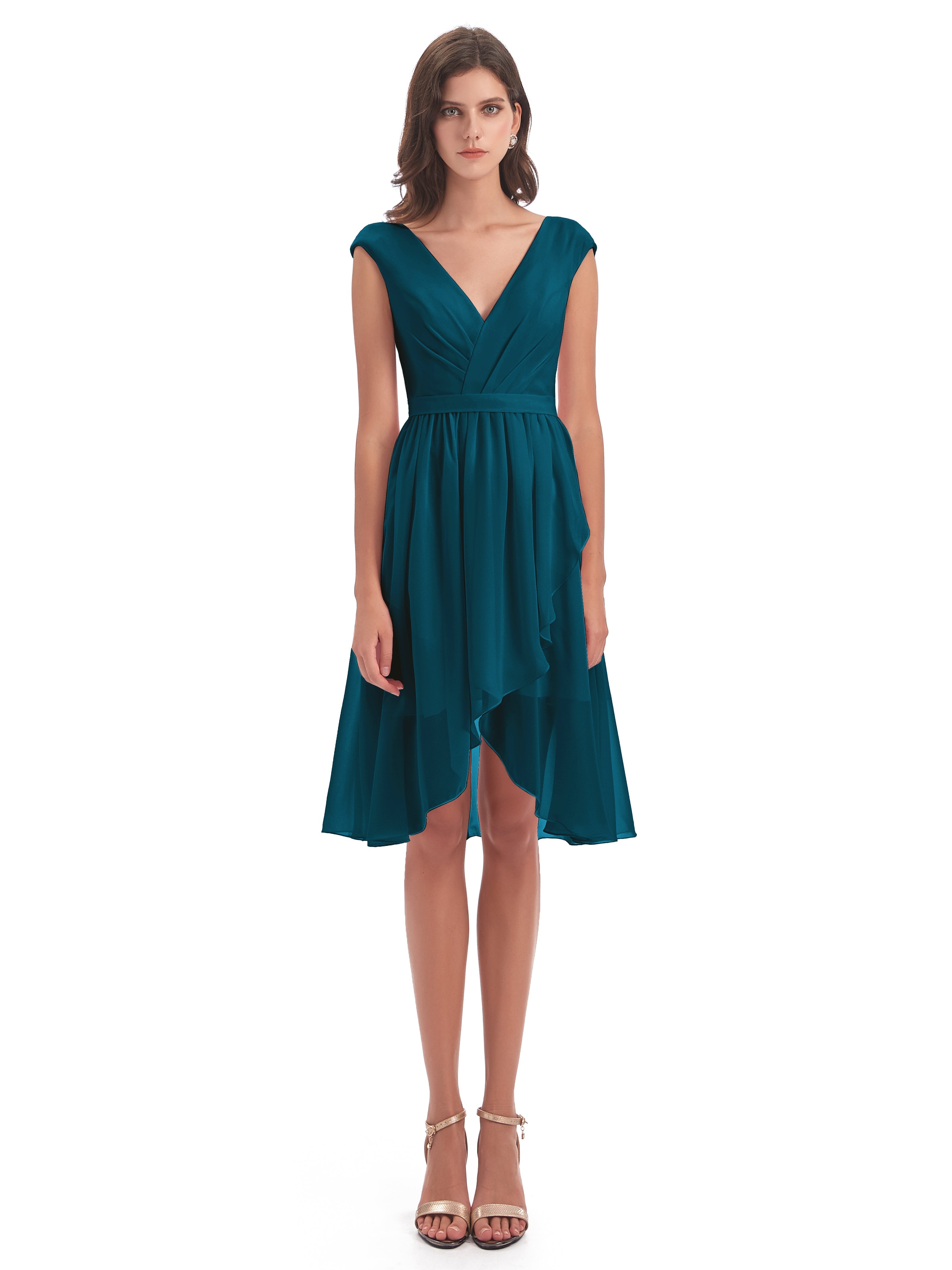 Robes De Demoiselle D'Honneur Bleu Encre Trapèze Longueur Genou Mancherons Robes Demoiselle D'Honneur