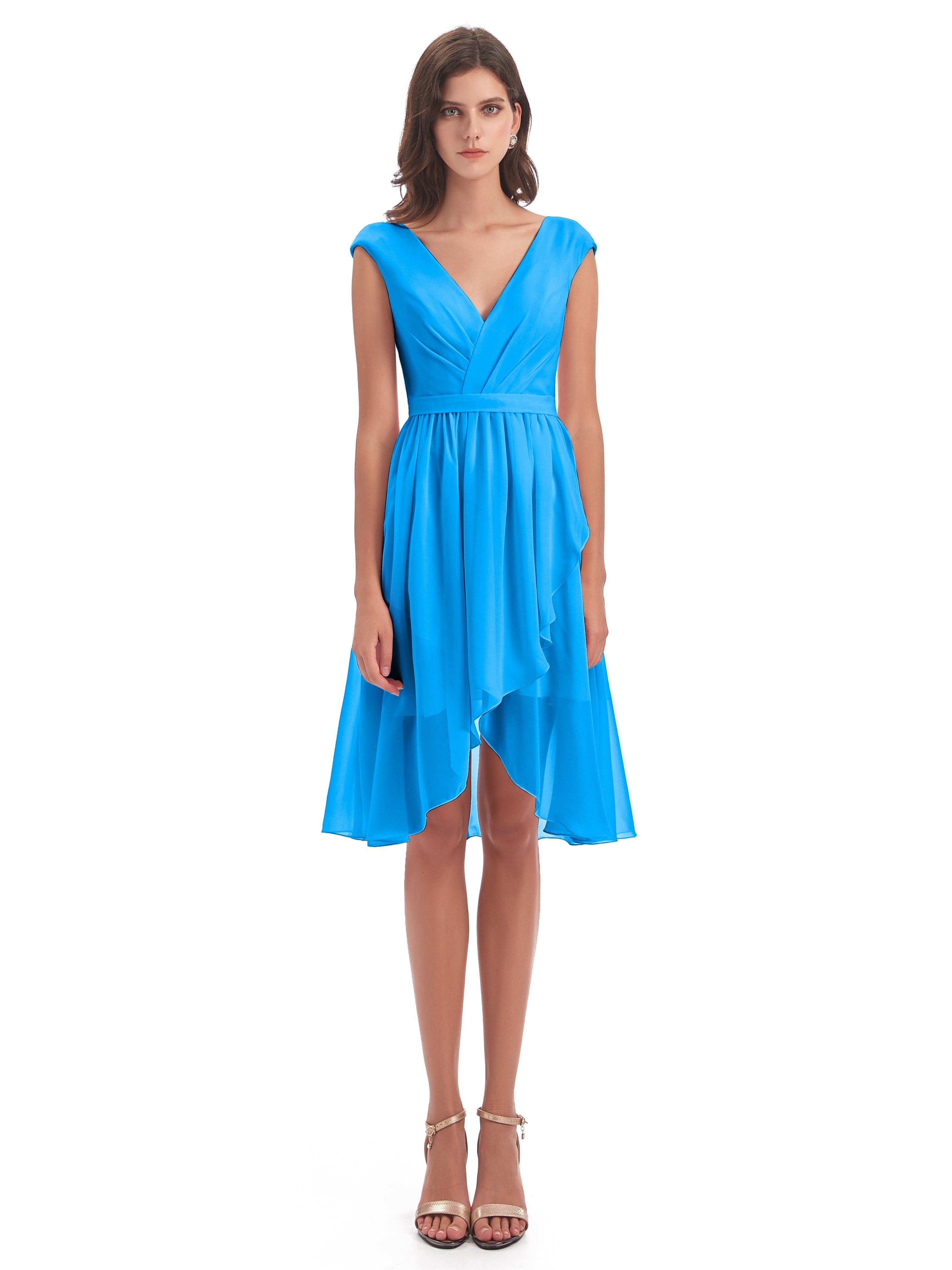 Robes De Demoiselle D'Honneur Bleu Océan Trapèze Longueur Genou Mancherons Robes Demoiselle D'Honneur