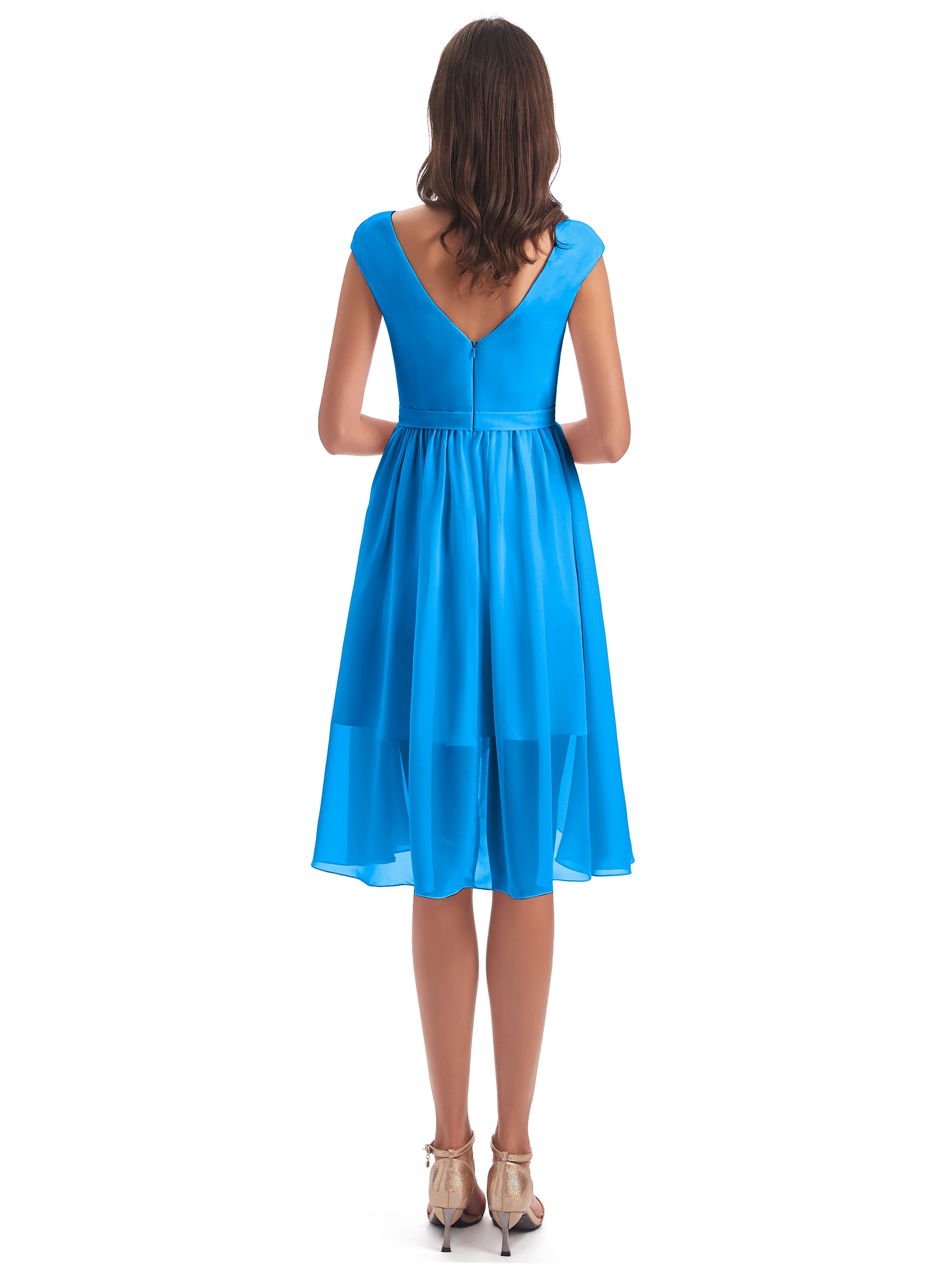 Robes De Demoiselle D'Honneur Bleu Océan Trapèze Longueur Genou Mancherons Robes Demoiselle D'Honneur