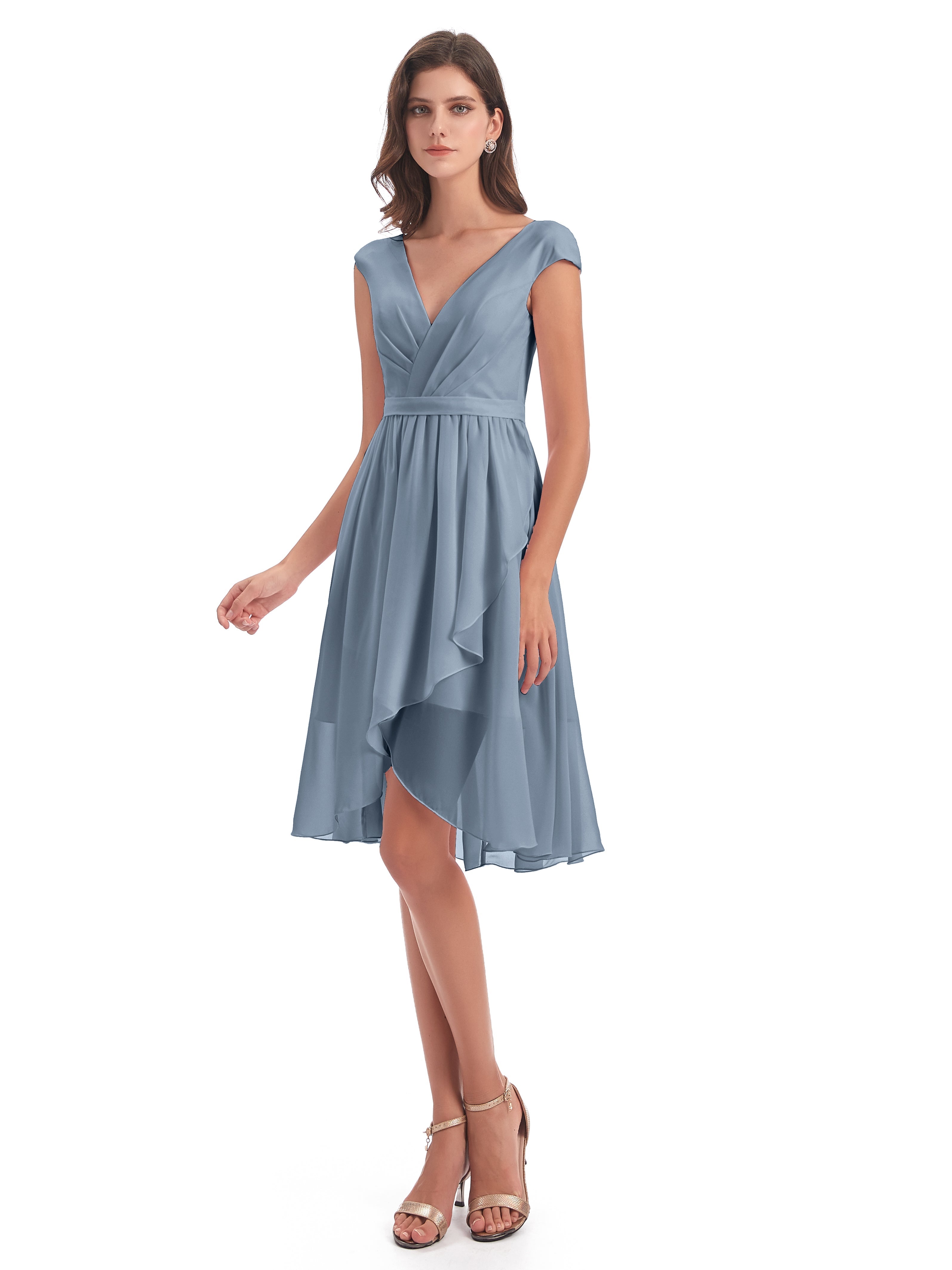 Robe Demoiselle D Honneur Bleu Poussiereux Trapèze Longueur Genou Mancherons Robes Demoiselle D'Honneur