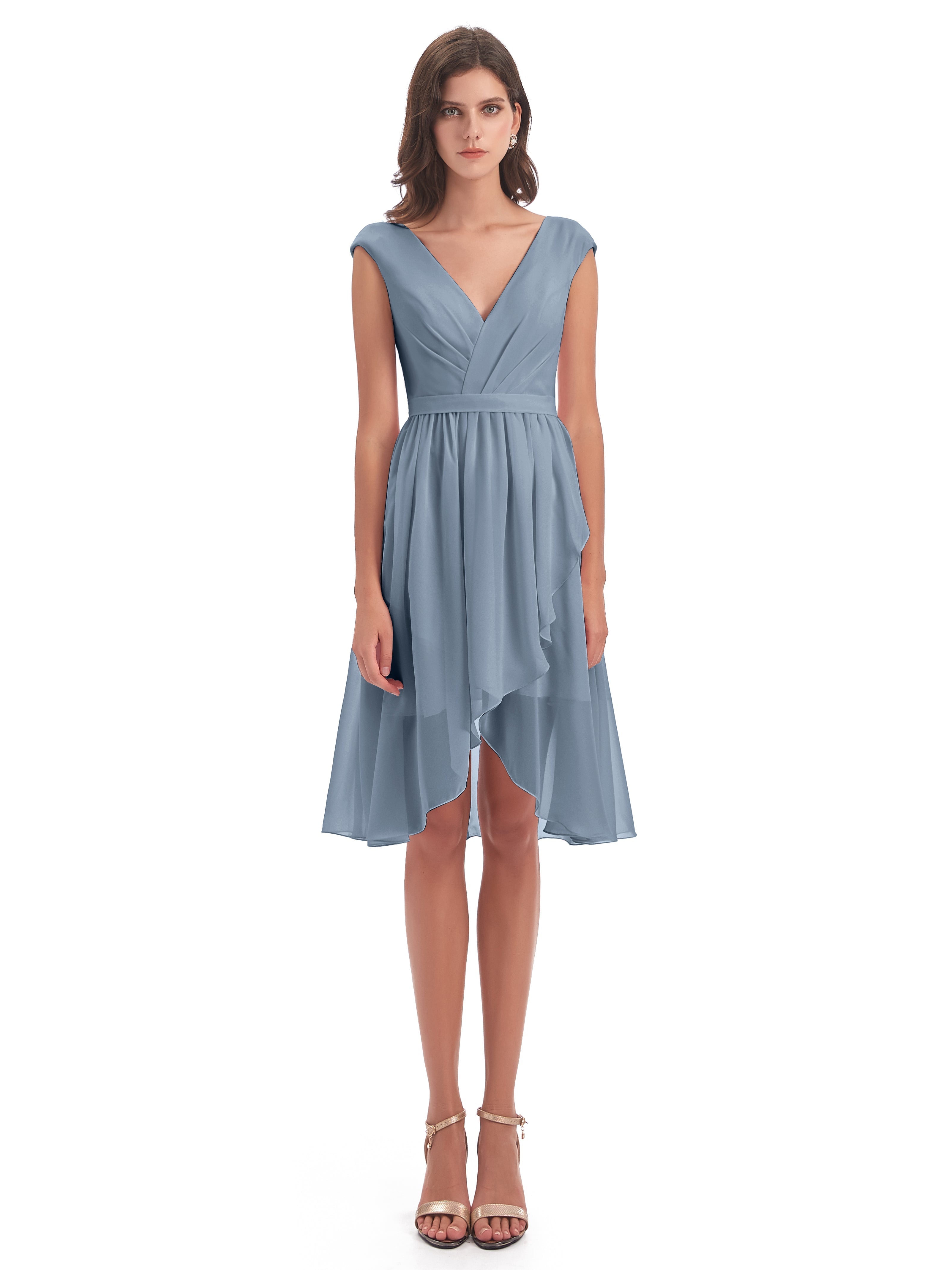 Robe Demoiselle D Honneur Bleu Poussiereux Trapèze Longueur Genou Mancherons Robes Demoiselle D'Honneur