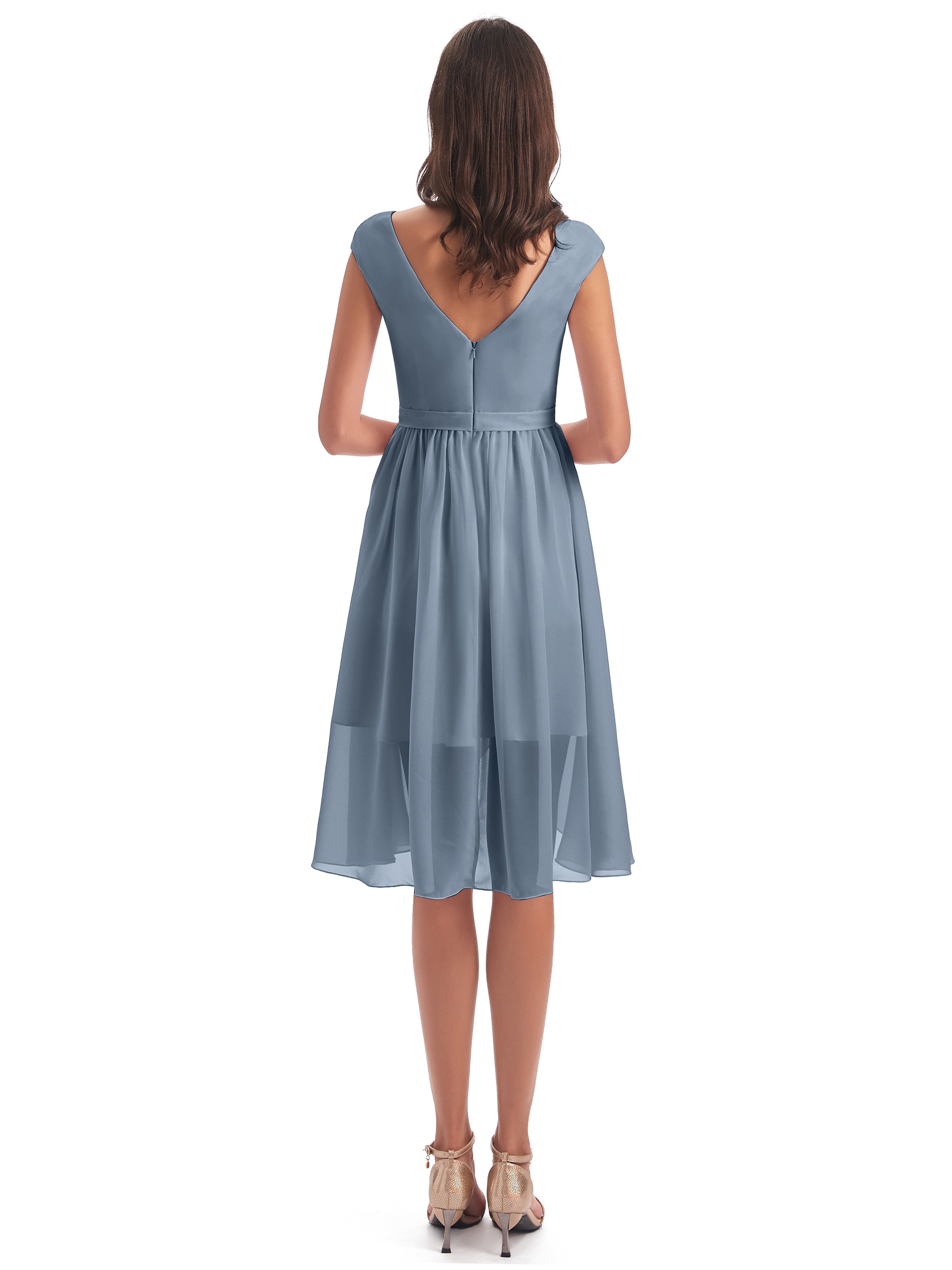 Robe Demoiselle D Honneur Bleu Poussiereux Trapèze Longueur Genou Mancherons Robes Demoiselle D'Honneur