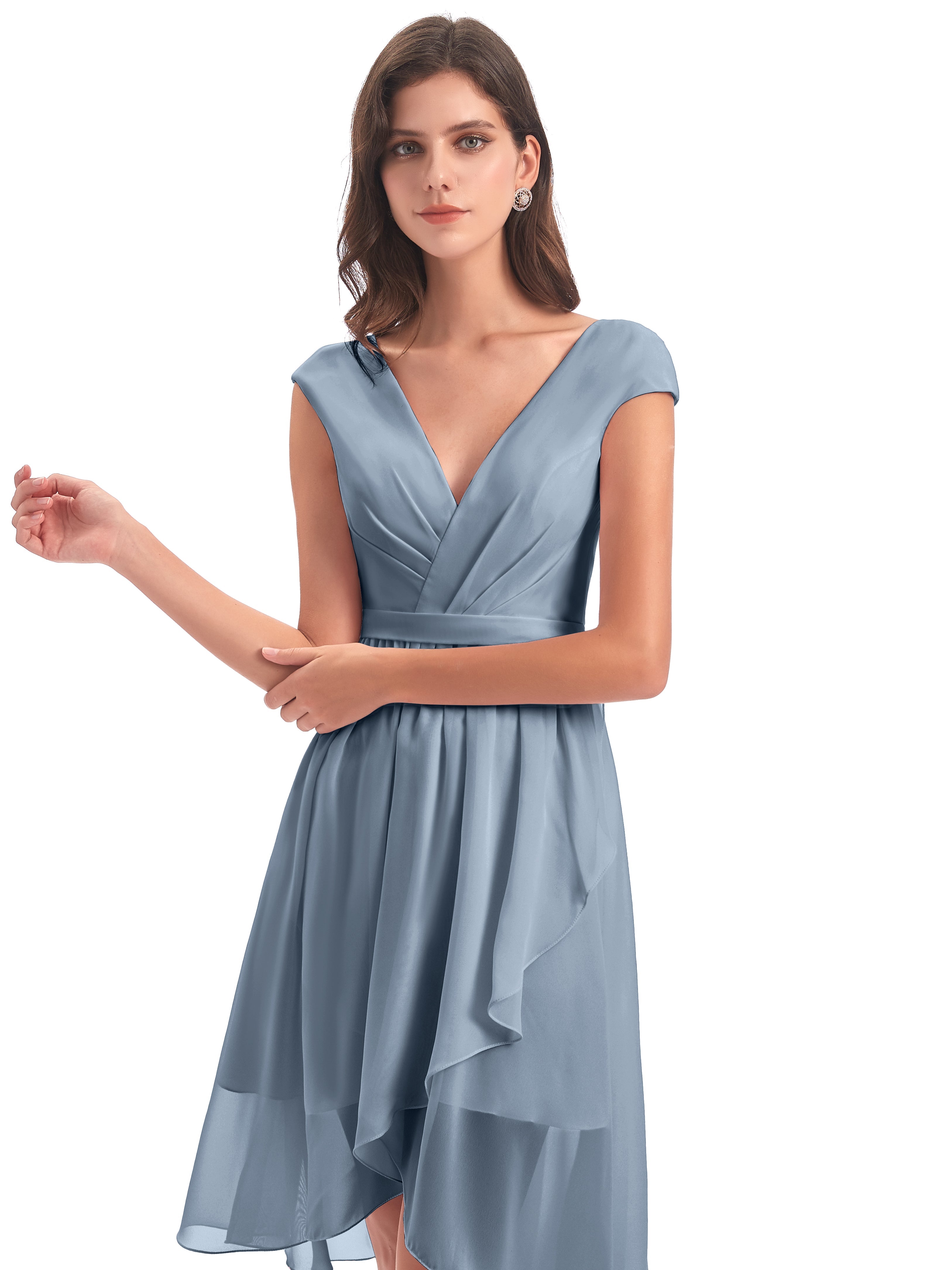 Robe Demoiselle D Honneur Bleu Poussiereux Trapèze Longueur Genou Mancherons Robes Demoiselle D'Honneur