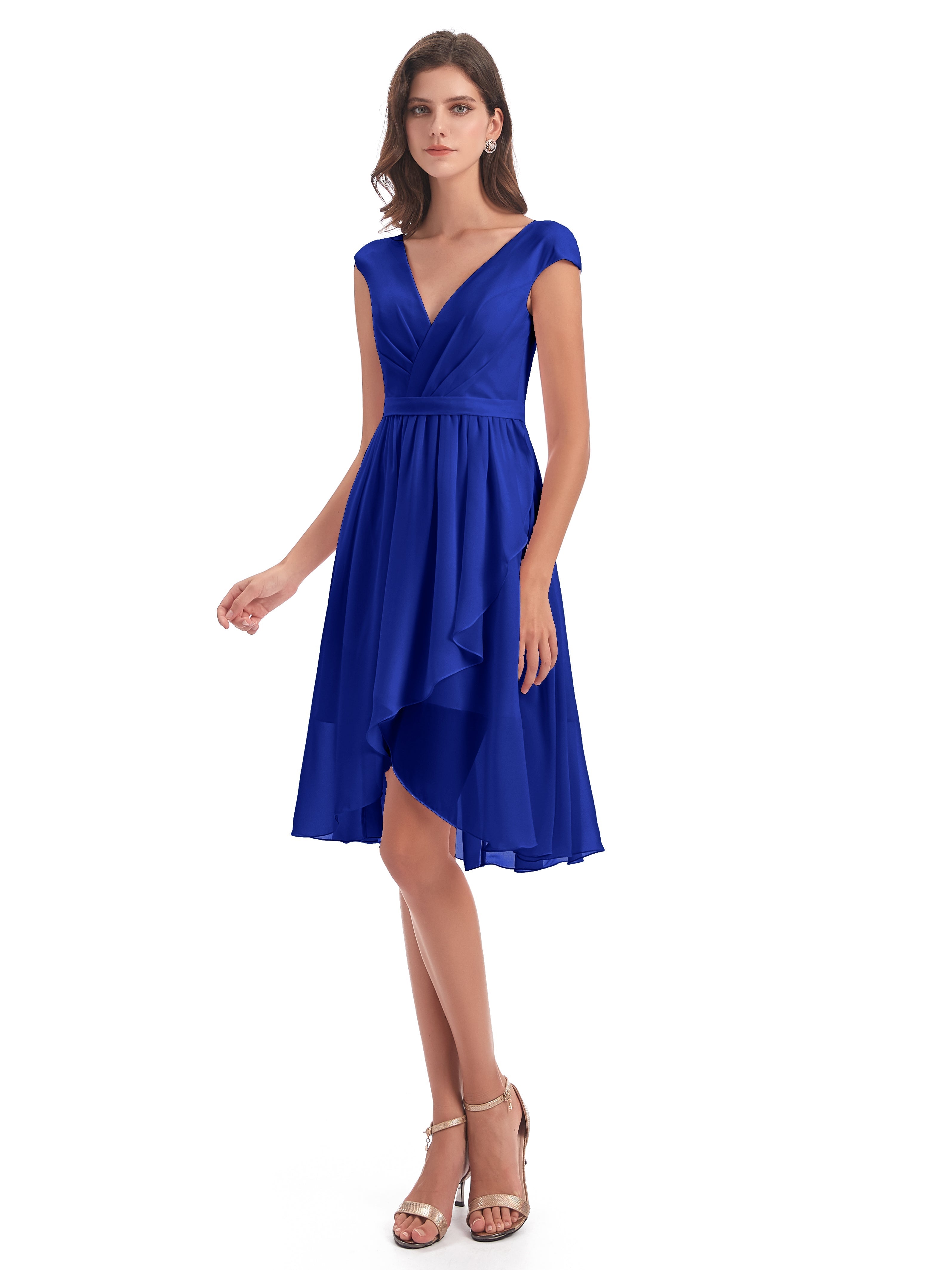 Robes De Demoiselle D'Honneur Bleu Royal Trapèze Longueur Genou Mancherons Robes Demoiselle D'Honneur