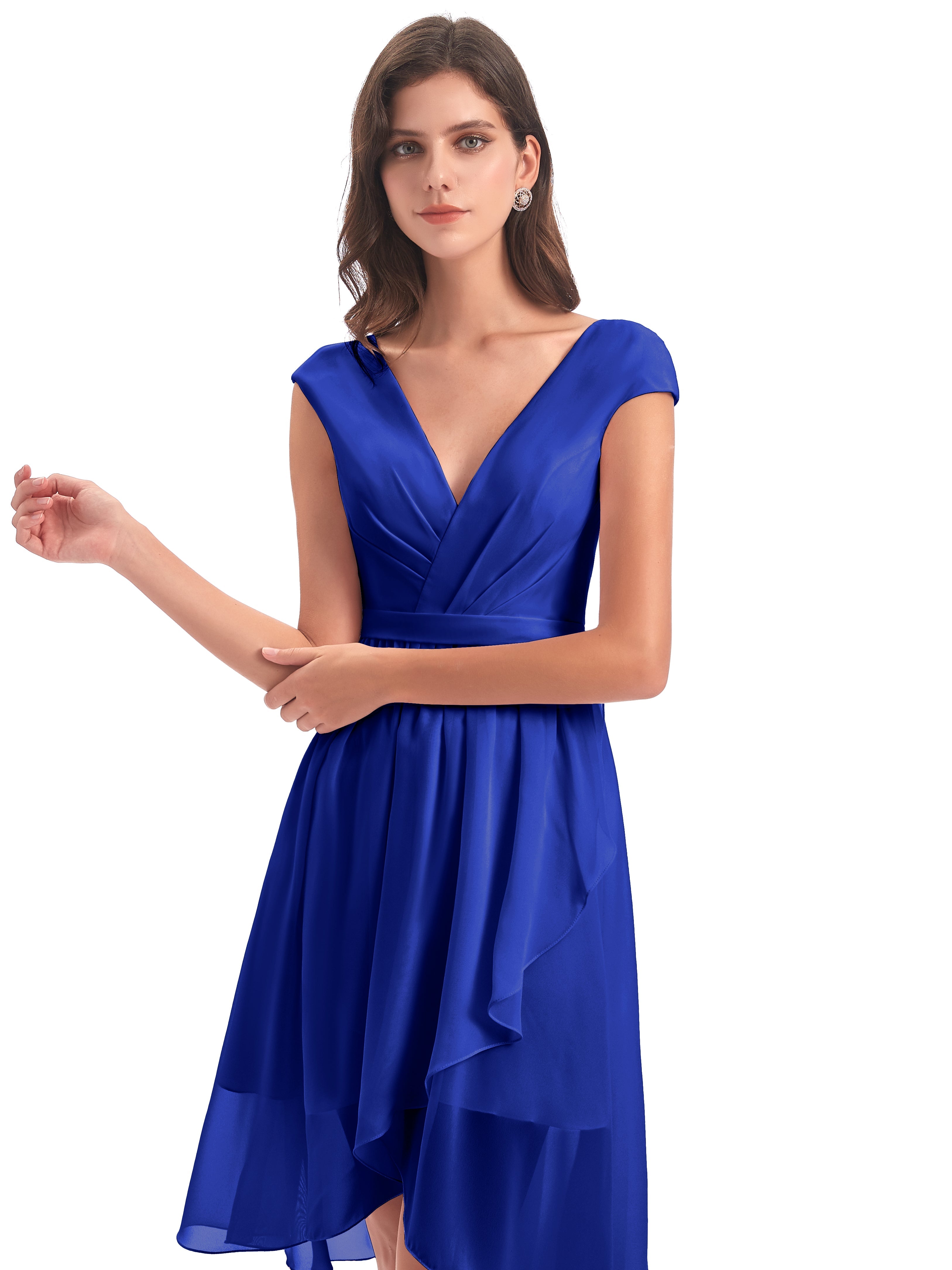 Robes De Demoiselle D'Honneur Bleu Royal Trapèze Longueur Genou Mancherons Robes Demoiselle D'Honneur