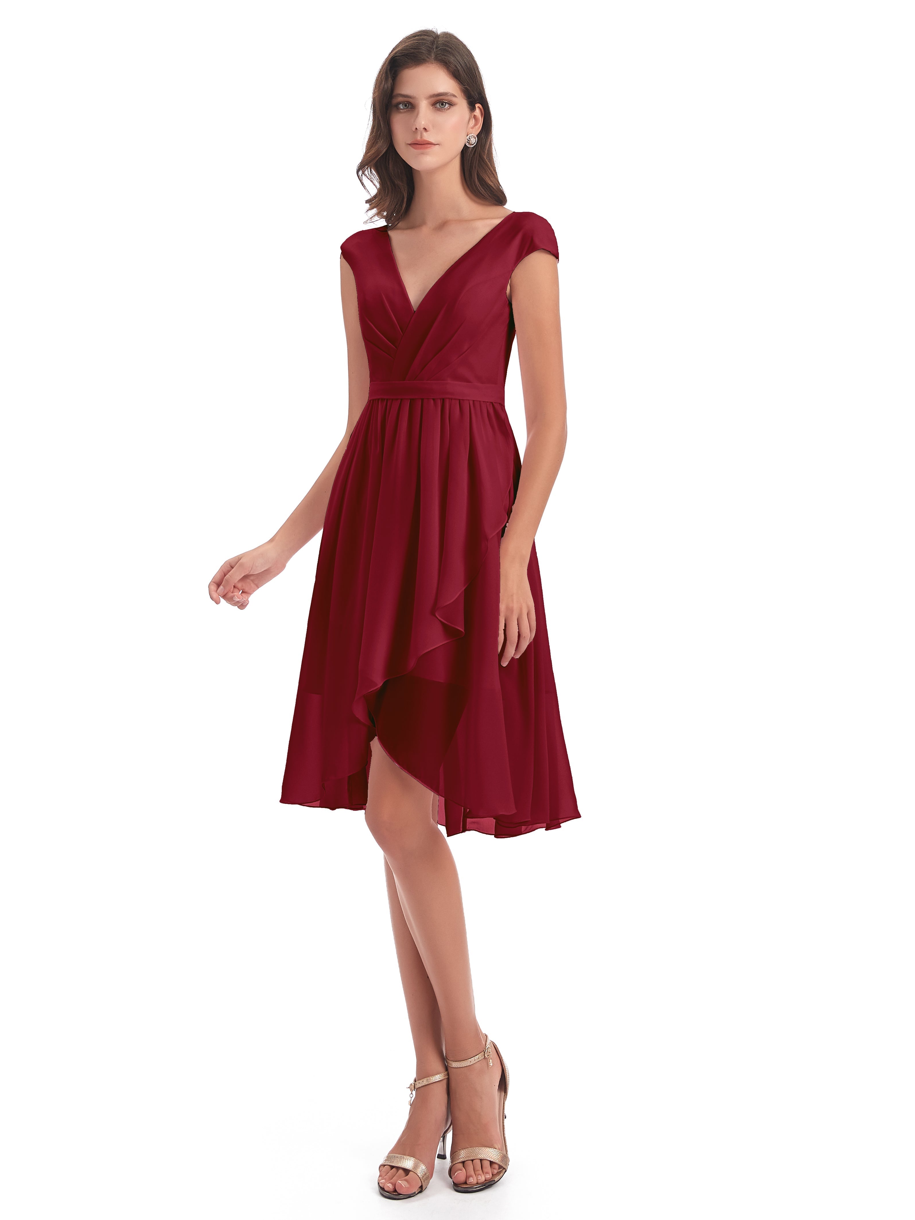 Robes De Demoiselle D'Honneur Rouge Bordeaux Trapèze Longueur Genou Mancherons Robes Demoiselle D'Honneur