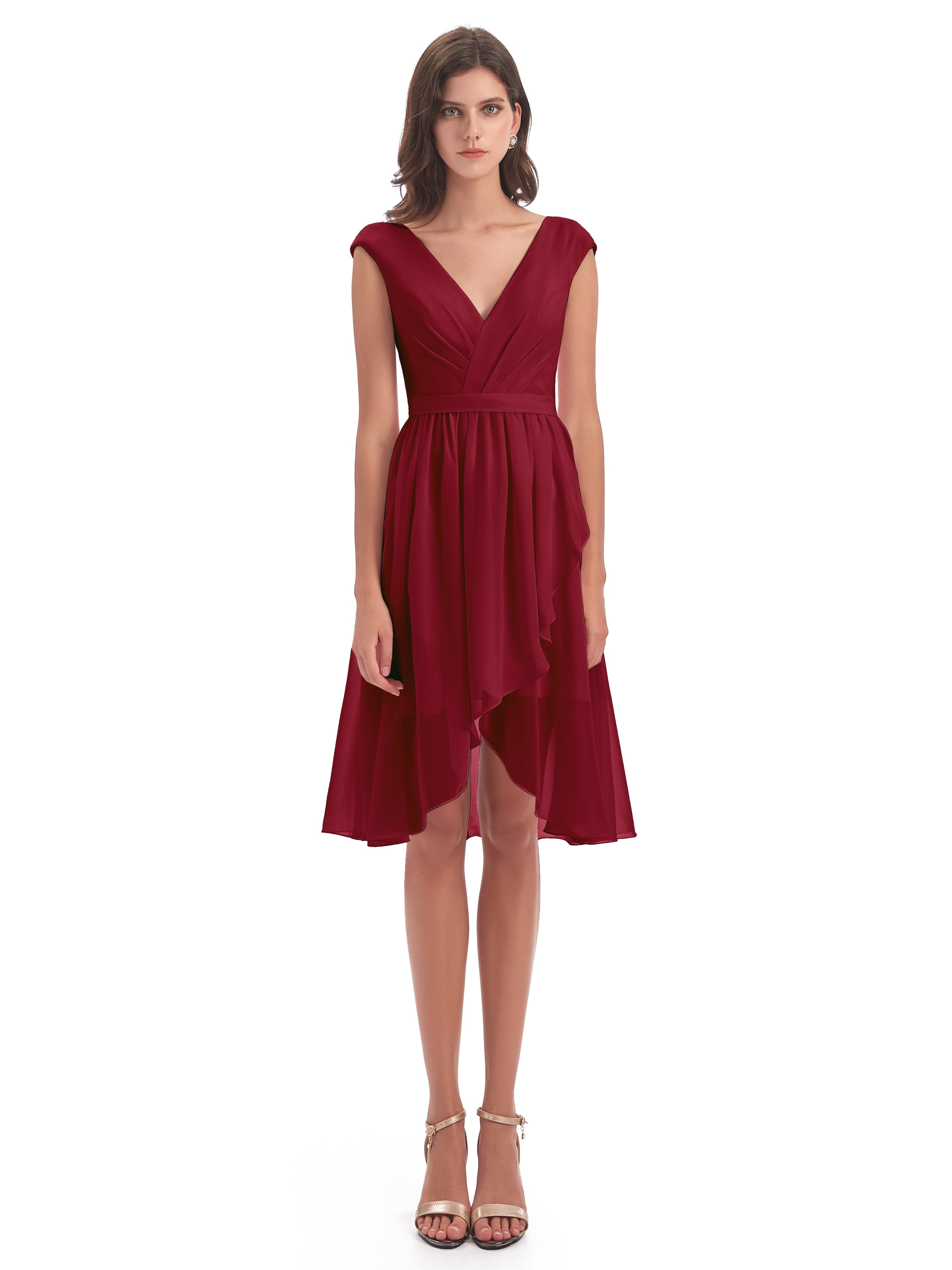 Robes De Demoiselle D'Honneur Rouge Bordeaux Trapèze Longueur Genou Mancherons Robes Demoiselle D'Honneur