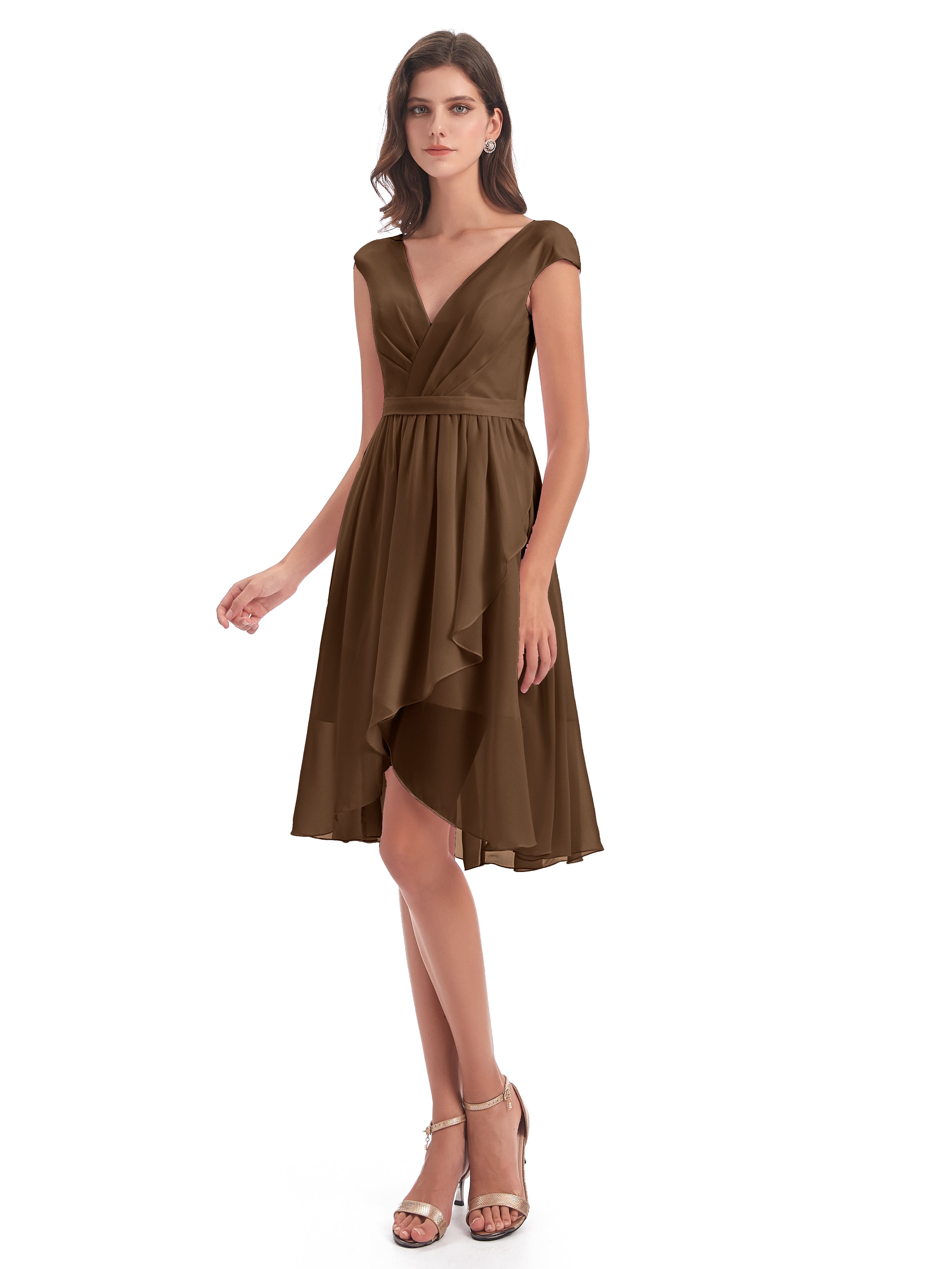 Robe Demoiselle D Honneur Brun Trapèze Longueur Genou Mancherons Robes Demoiselle D'Honneur