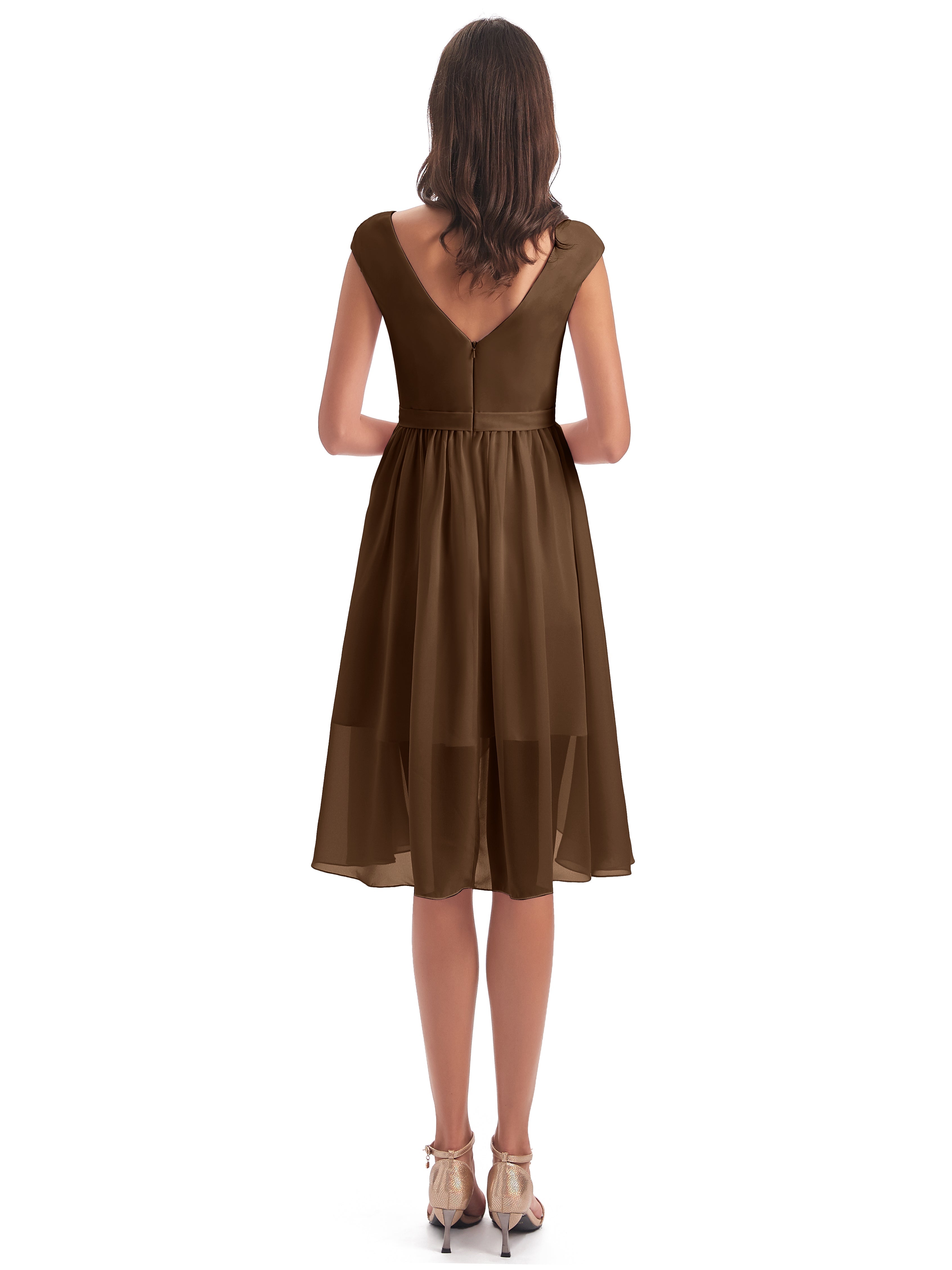 Robe Demoiselle D Honneur Brun Trapèze Longueur Genou Mancherons Robes Demoiselle D'Honneur