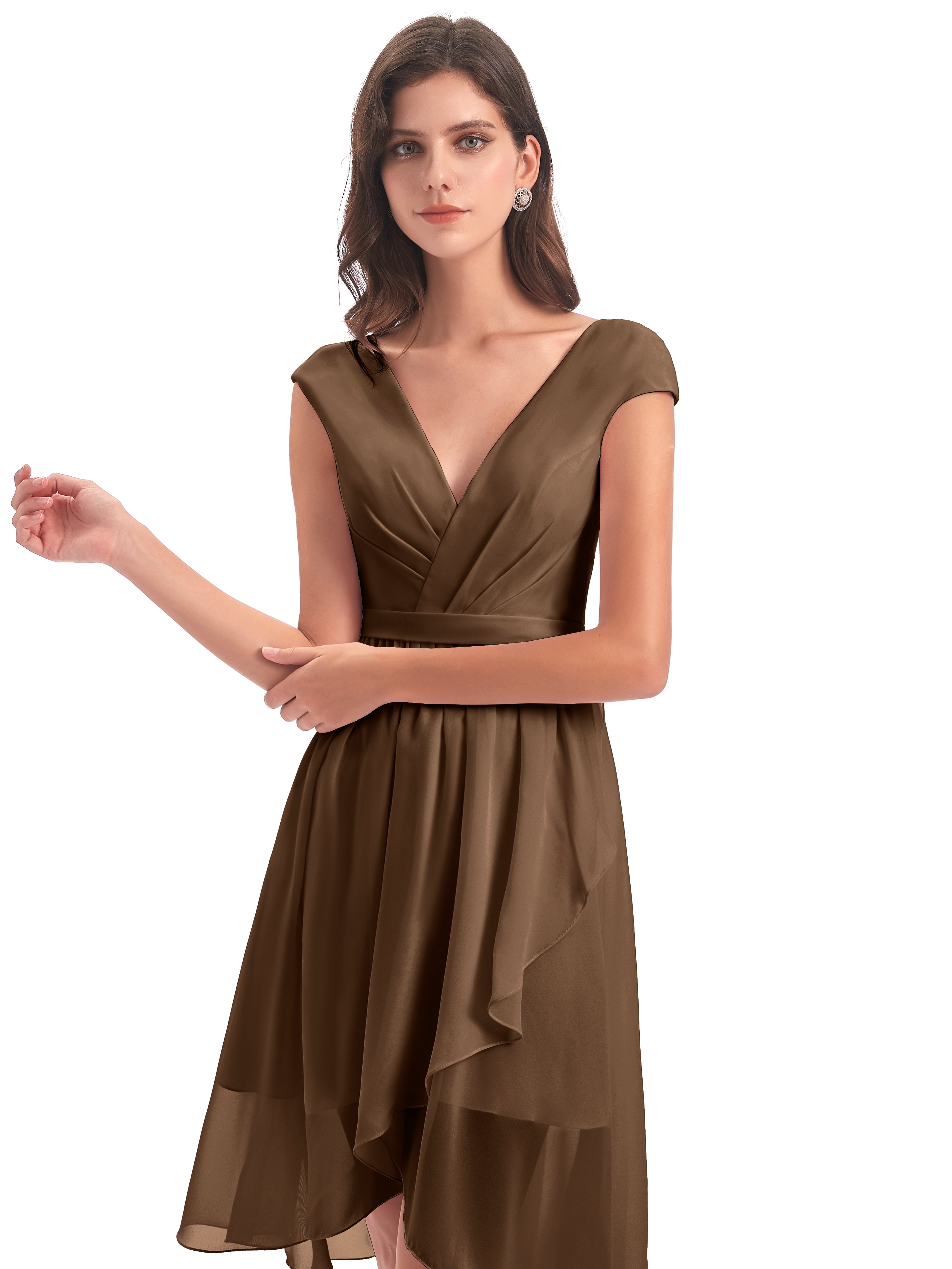 Robe Demoiselle D Honneur Brun Trapèze Longueur Genou Mancherons Robes Demoiselle D'Honneur