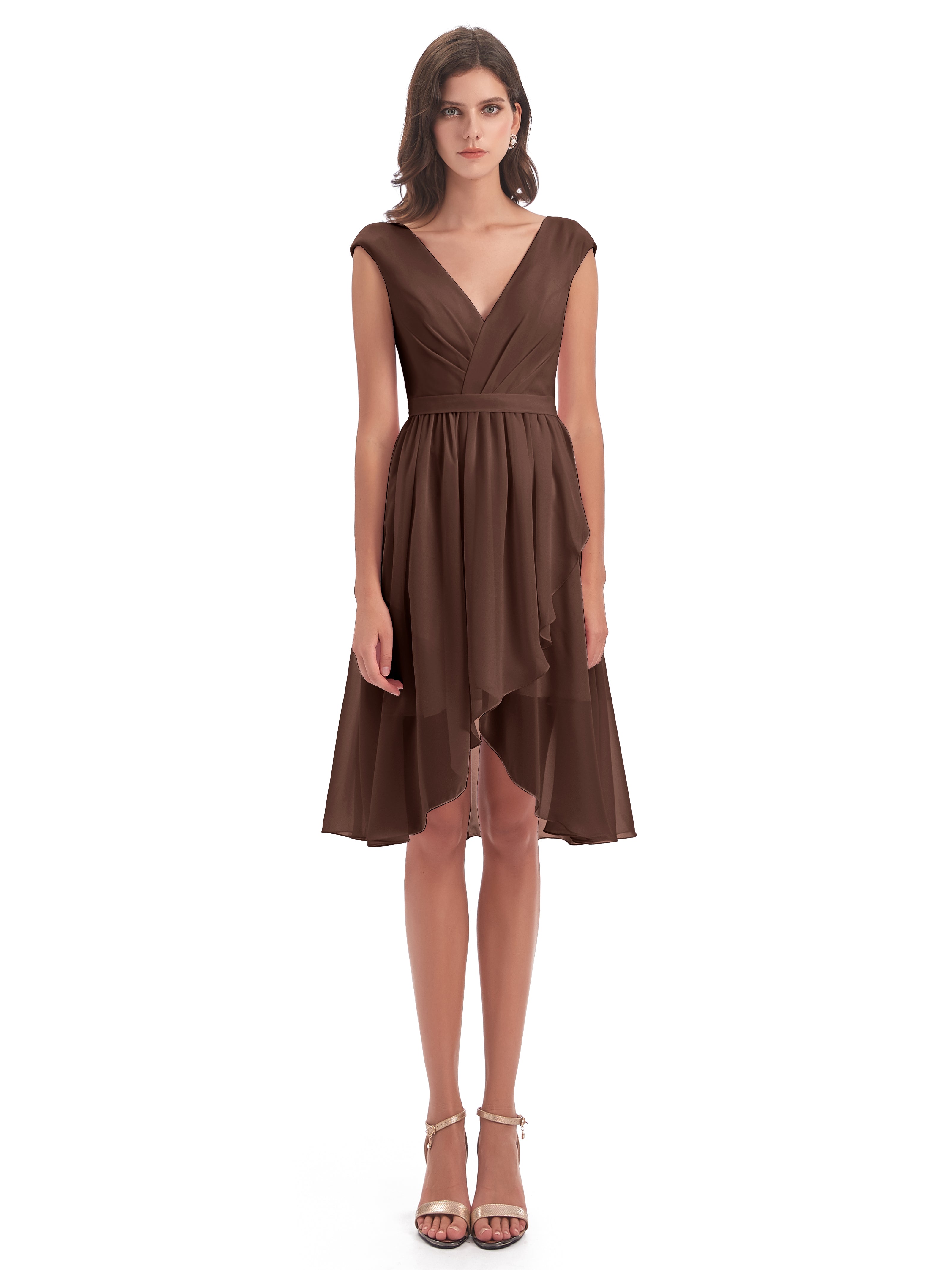 Robe De Demoiselle D Honneur Chocolat Trapèze Longueur Genou Mancherons Robes Demoiselle D'Honneur