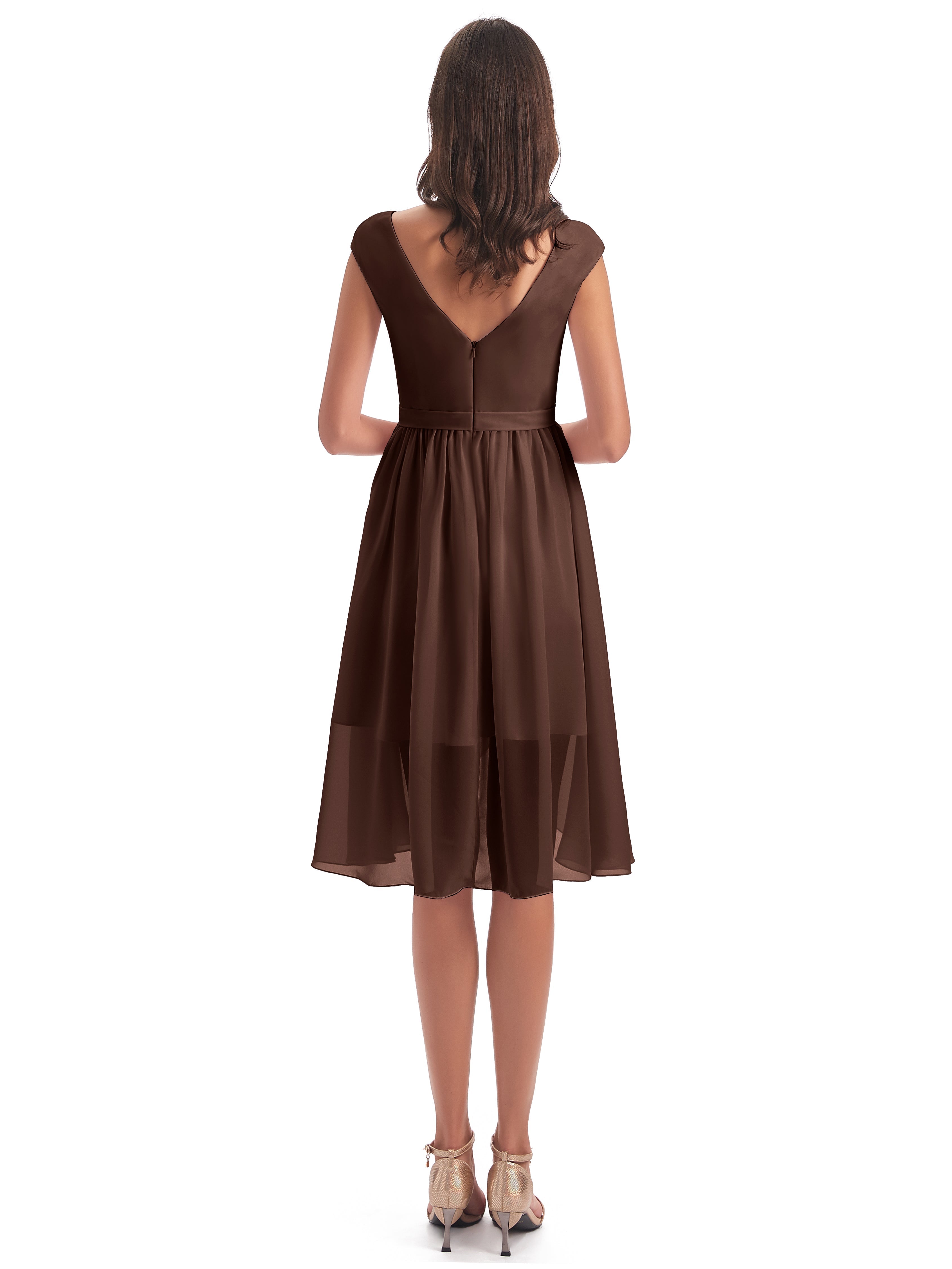 Robe De Demoiselle D Honneur Chocolat Trapèze Longueur Genou Mancherons Robes Demoiselle D'Honneur