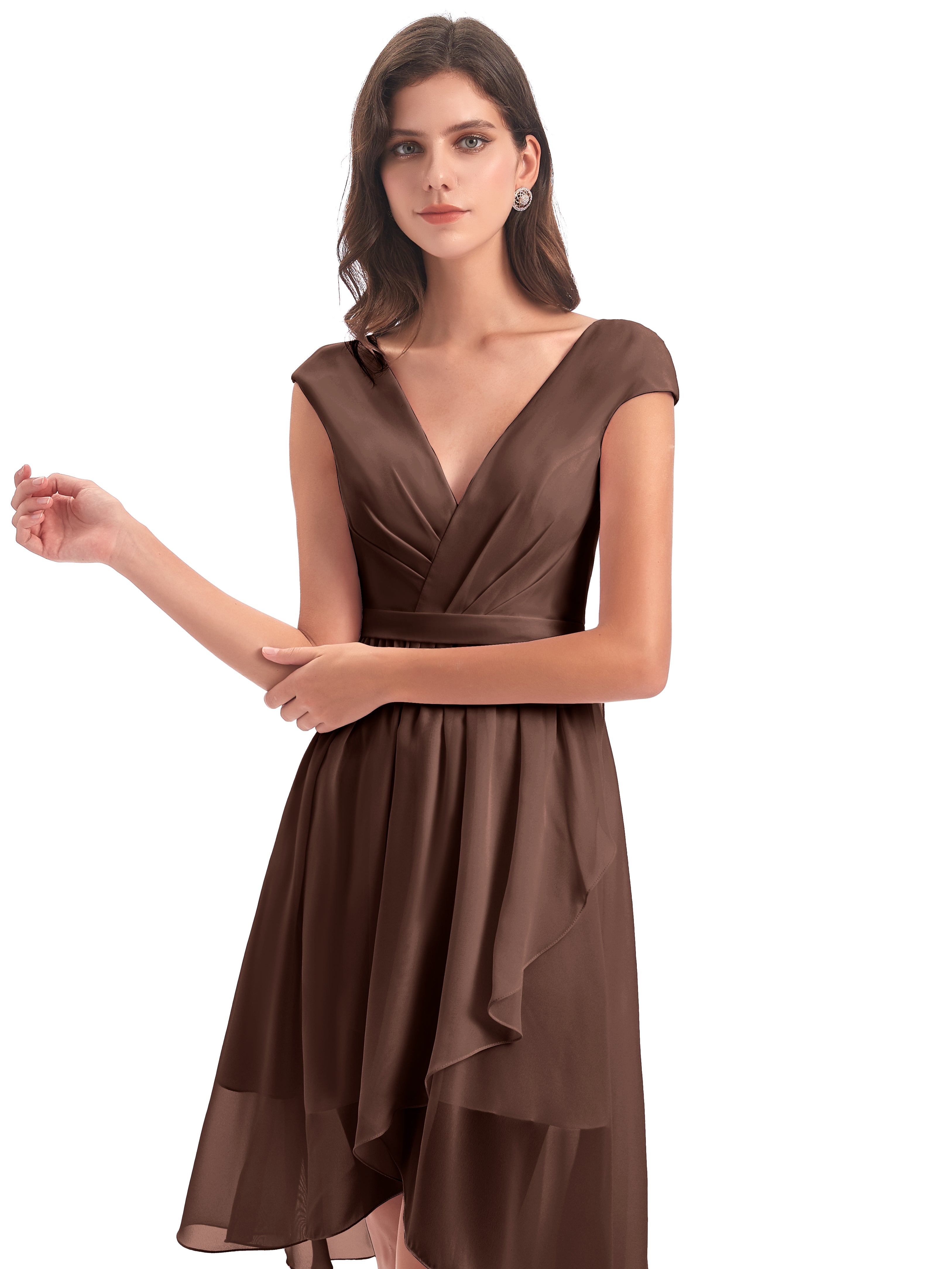 Robe De Demoiselle D Honneur Chocolat Trapèze Longueur Genou Mancherons Robes Demoiselle D'Honneur