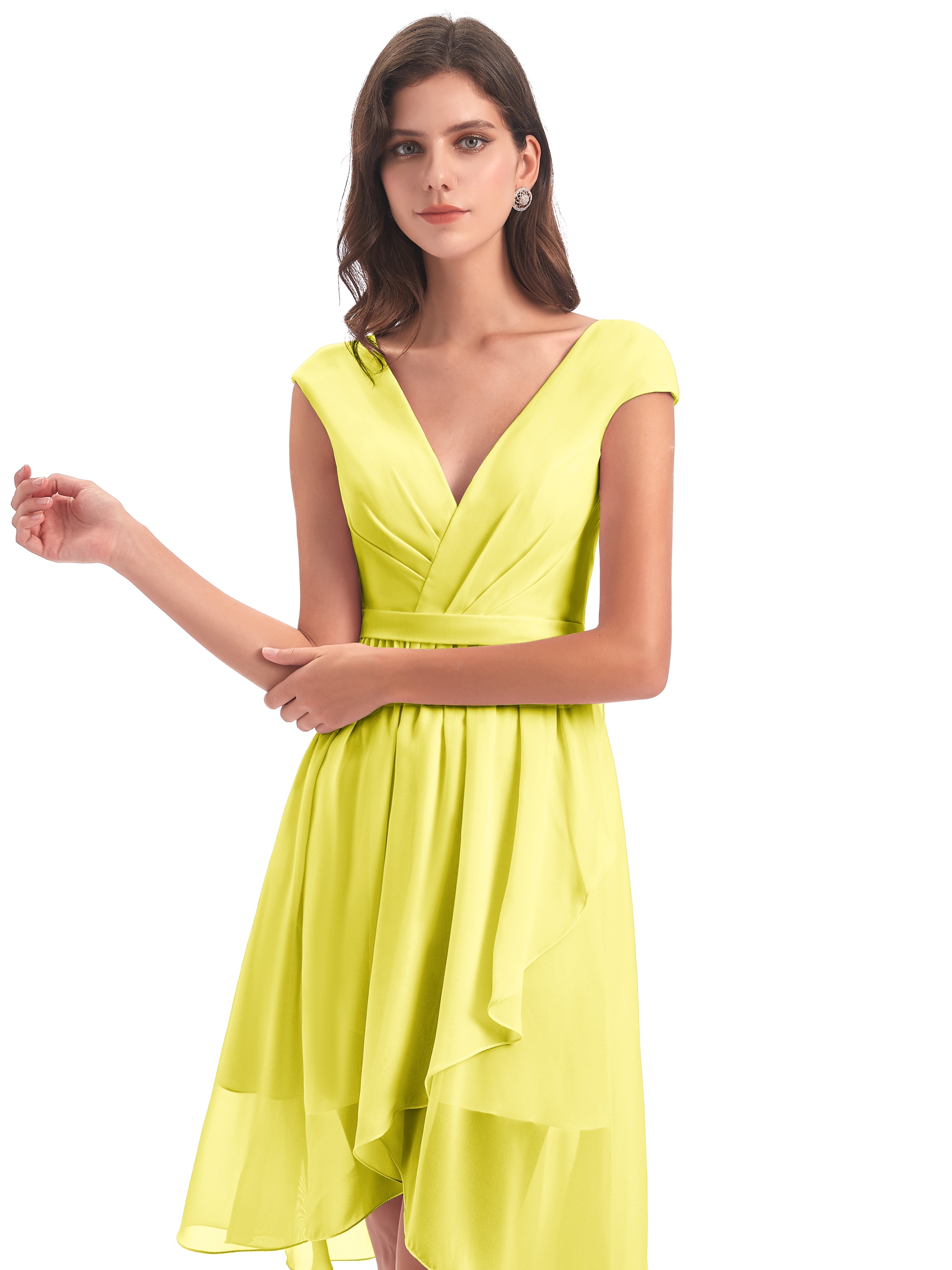 Robes De Demoiselle D'Honneur Citron Trapèze Longueur Genou Mancherons Robes Demoiselle D'Honneur