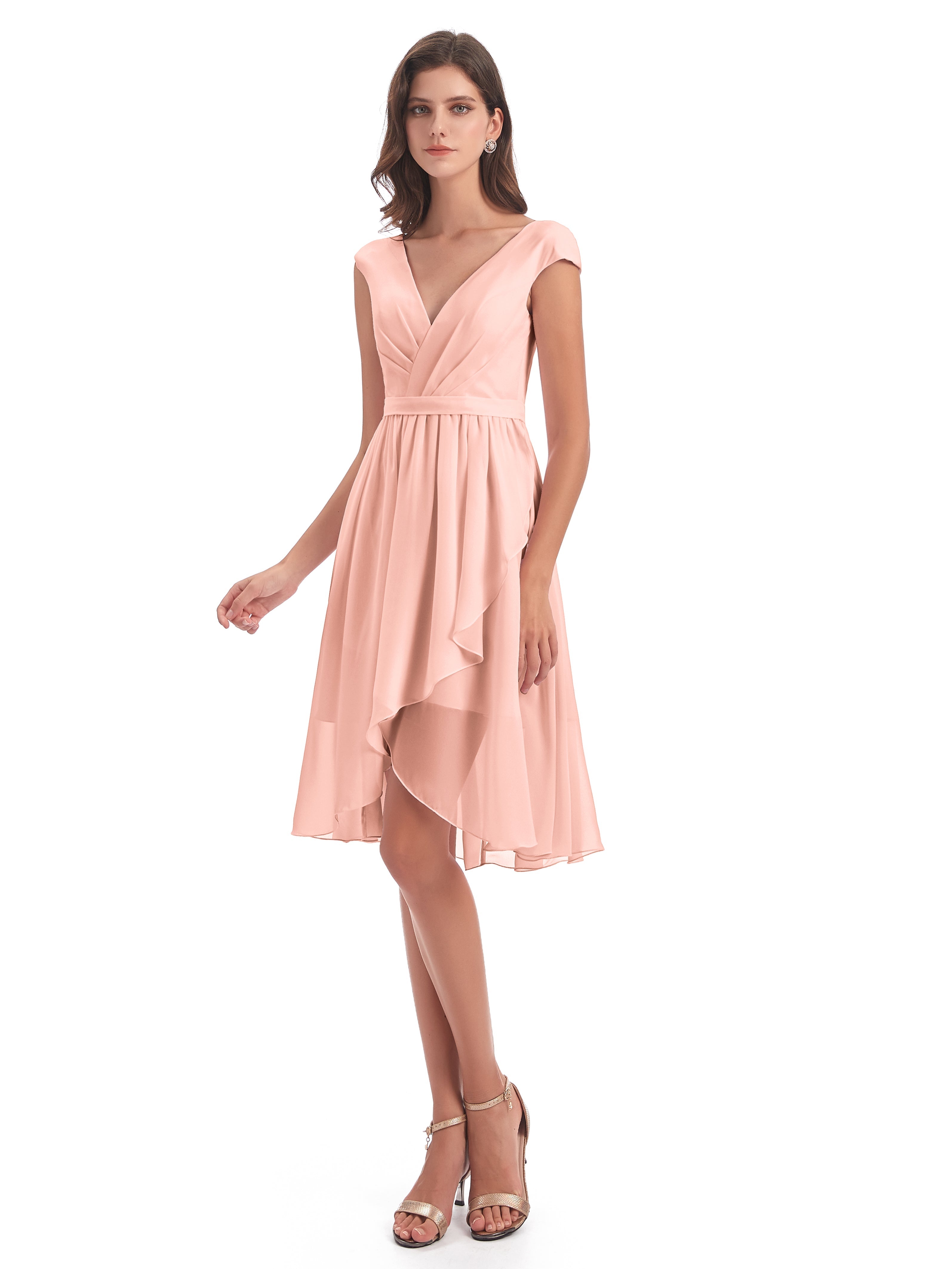 Robes De Demoiselle D'Honneur Corail Courtes Trapèze Longueur Genou Mancherons Robes Demoiselle D'Honneur