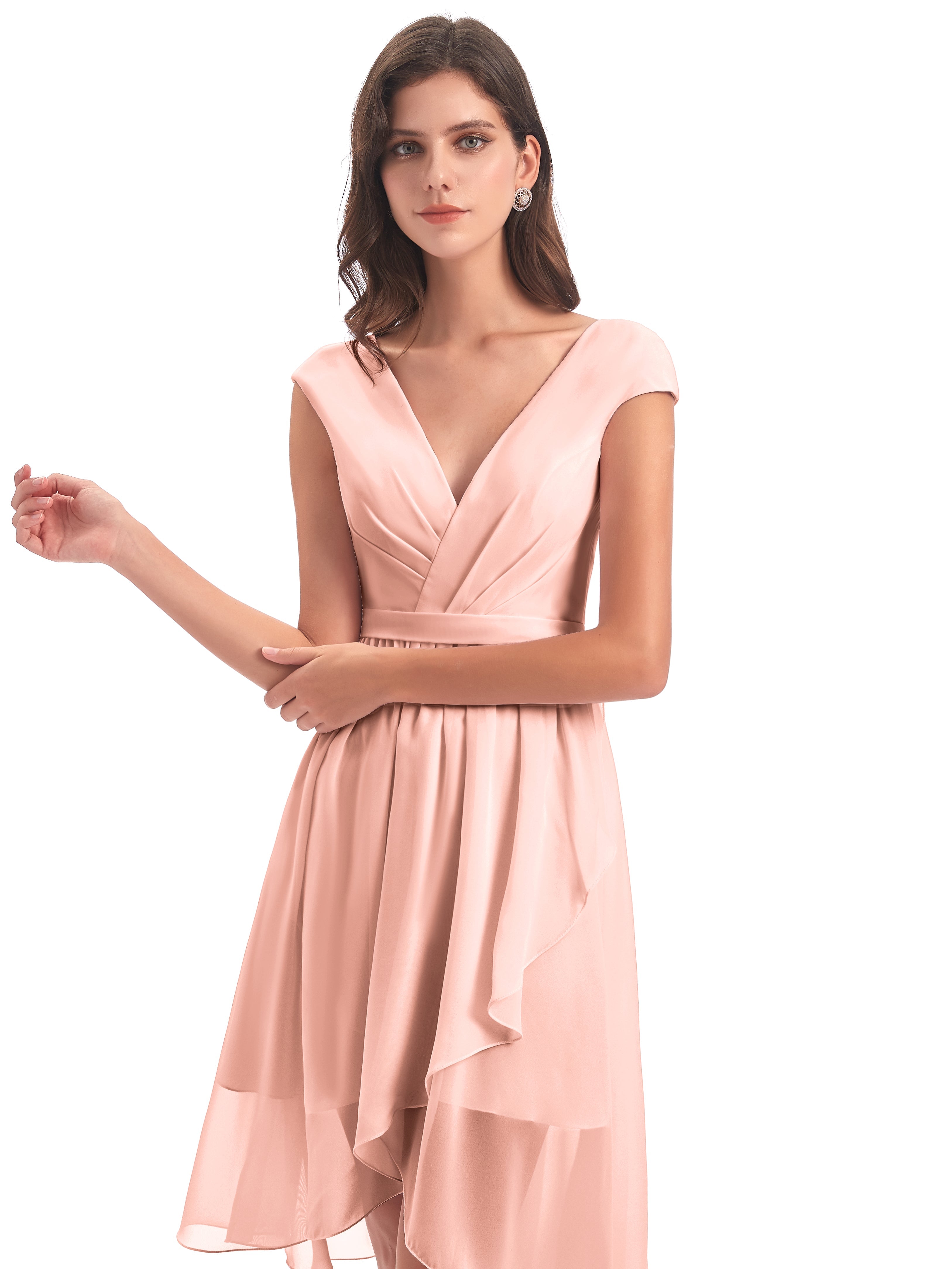 Robes De Demoiselle D'Honneur Corail Courtes Trapèze Longueur Genou Mancherons Robes Demoiselle D'Honneur