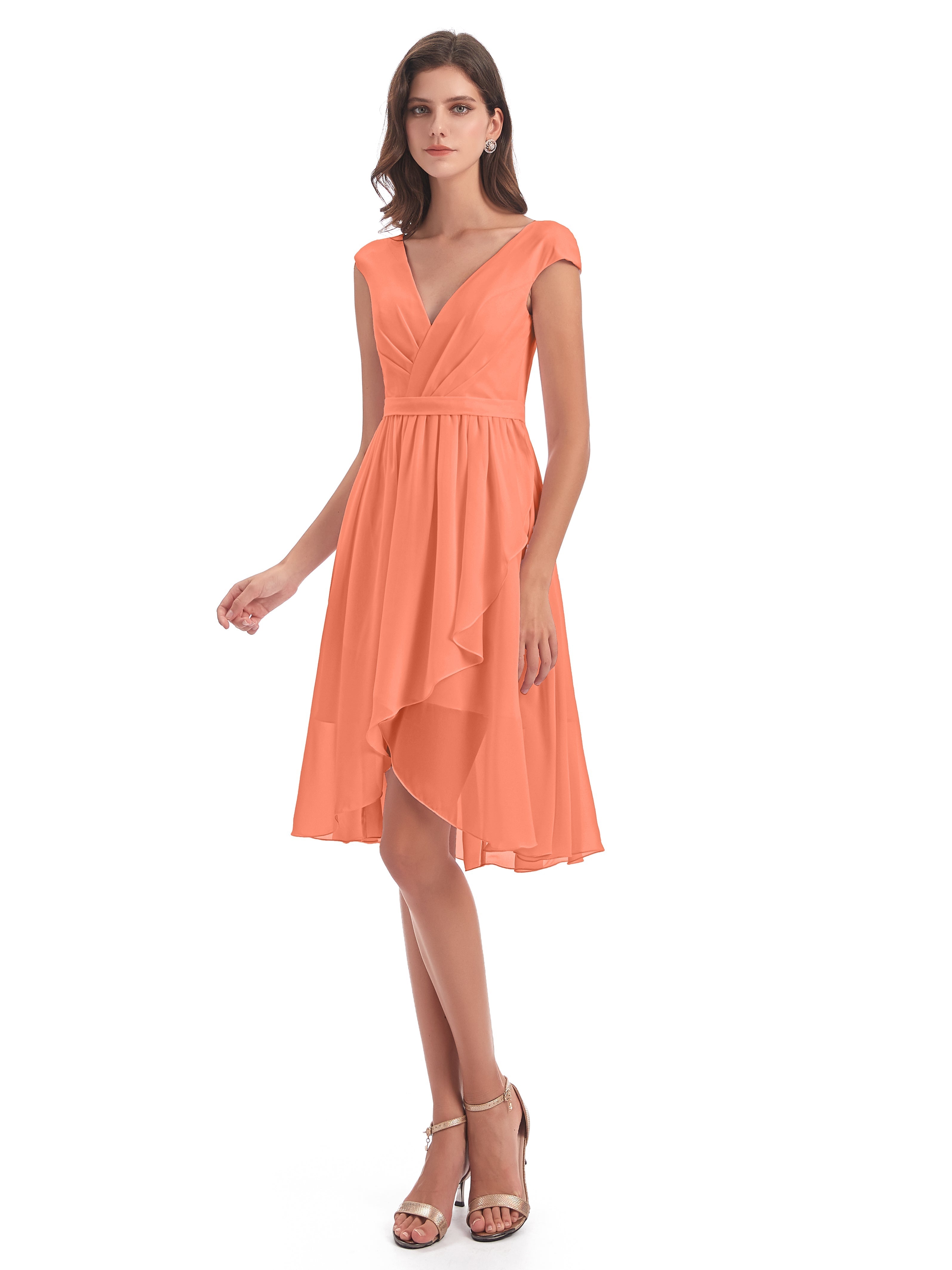 Robes De Demoiselle D'Honneur Coucher De Soleil Trapèze Longueur Genou Mancherons Robes Demoiselle D'Honneur