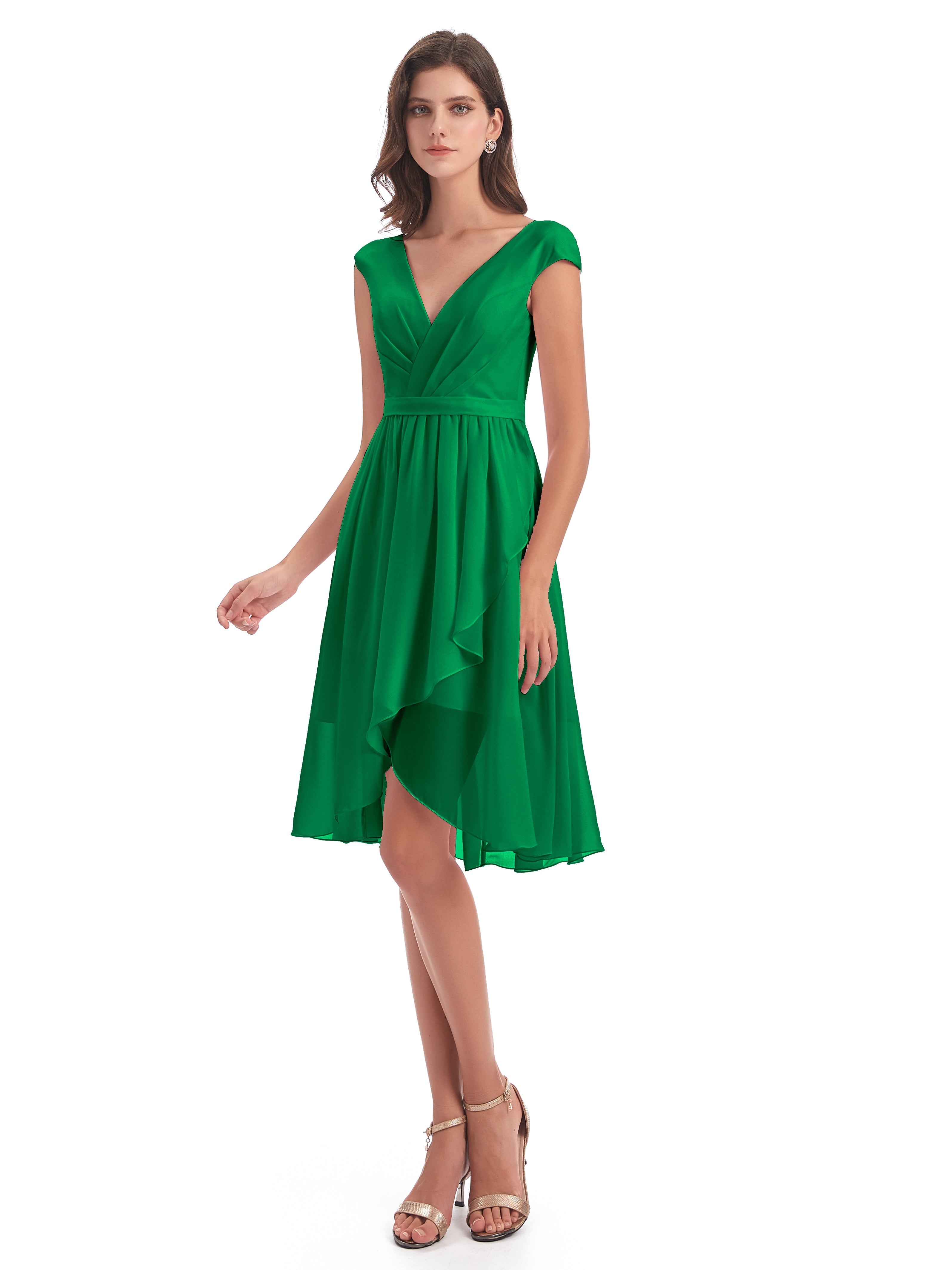 Robe Demoiselle D Honneur Vert Emeraude Trapèze Longueur Genou Mancherons Robes Demoiselle D'Honneur