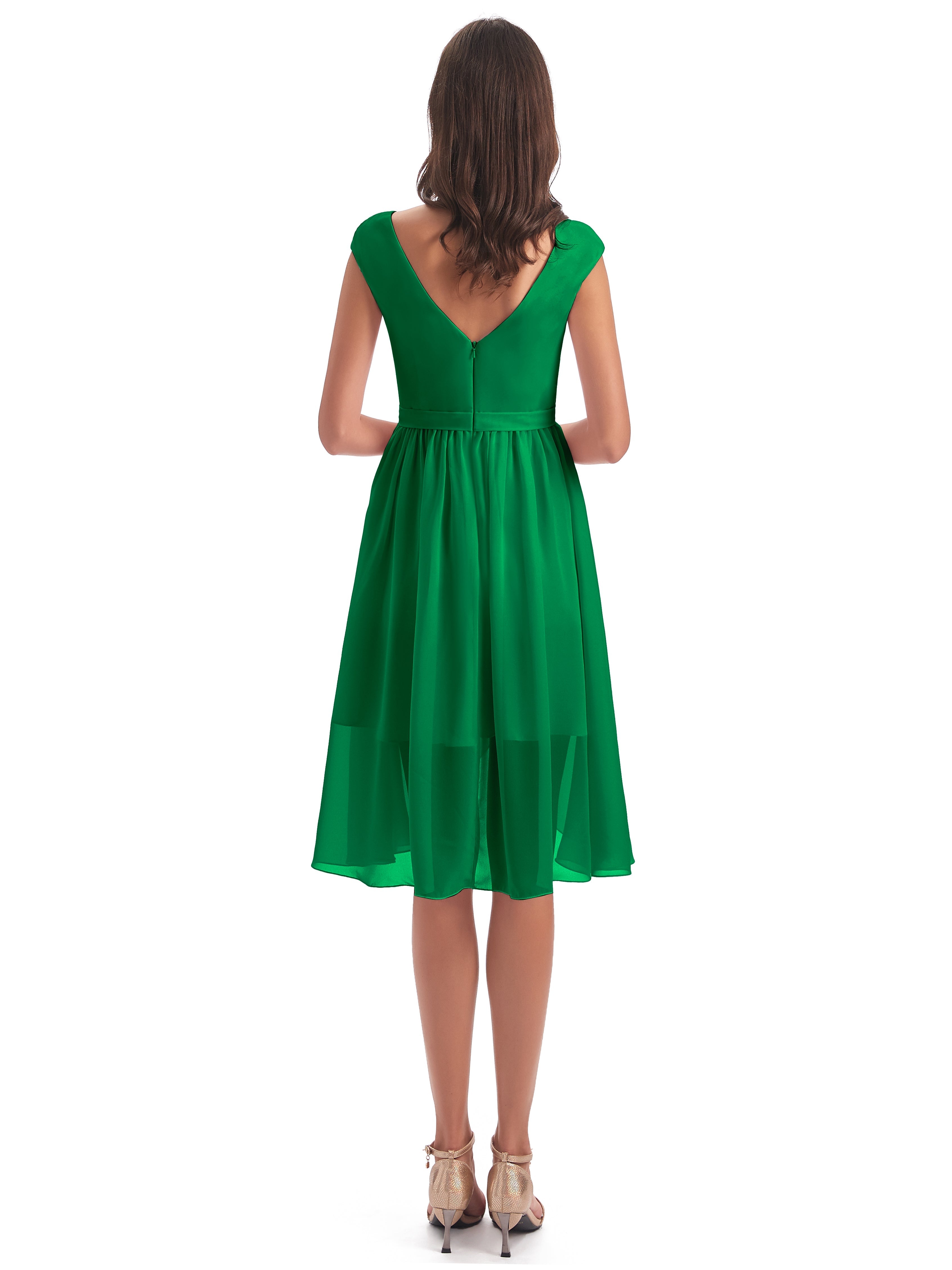 Robe Demoiselle D Honneur Vert Emeraude Trapèze Longueur Genou Mancherons Robes Demoiselle D'Honneur