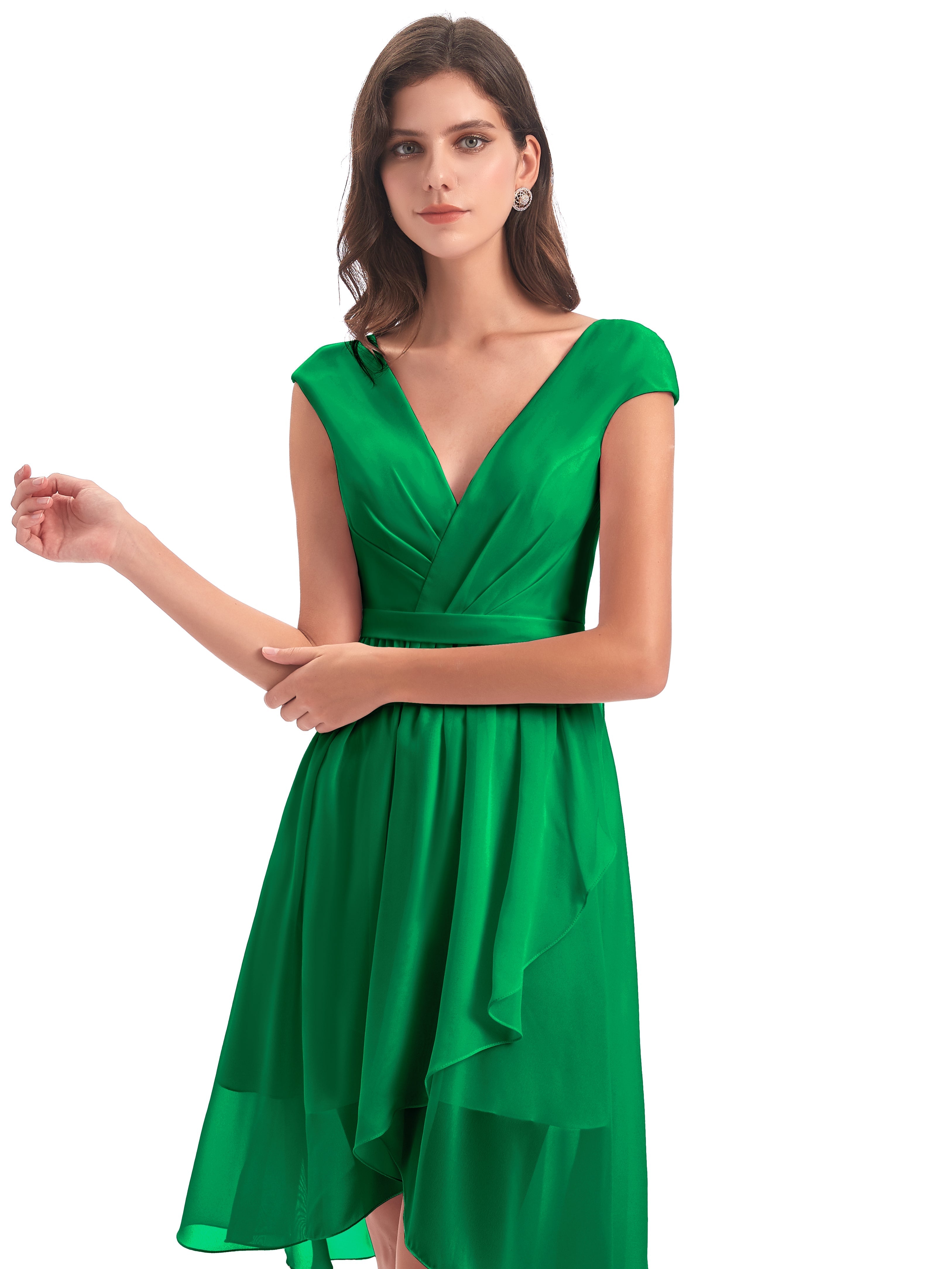 Robe Demoiselle D Honneur Vert Emeraude Trapèze Longueur Genou Mancherons Robes Demoiselle D'Honneur