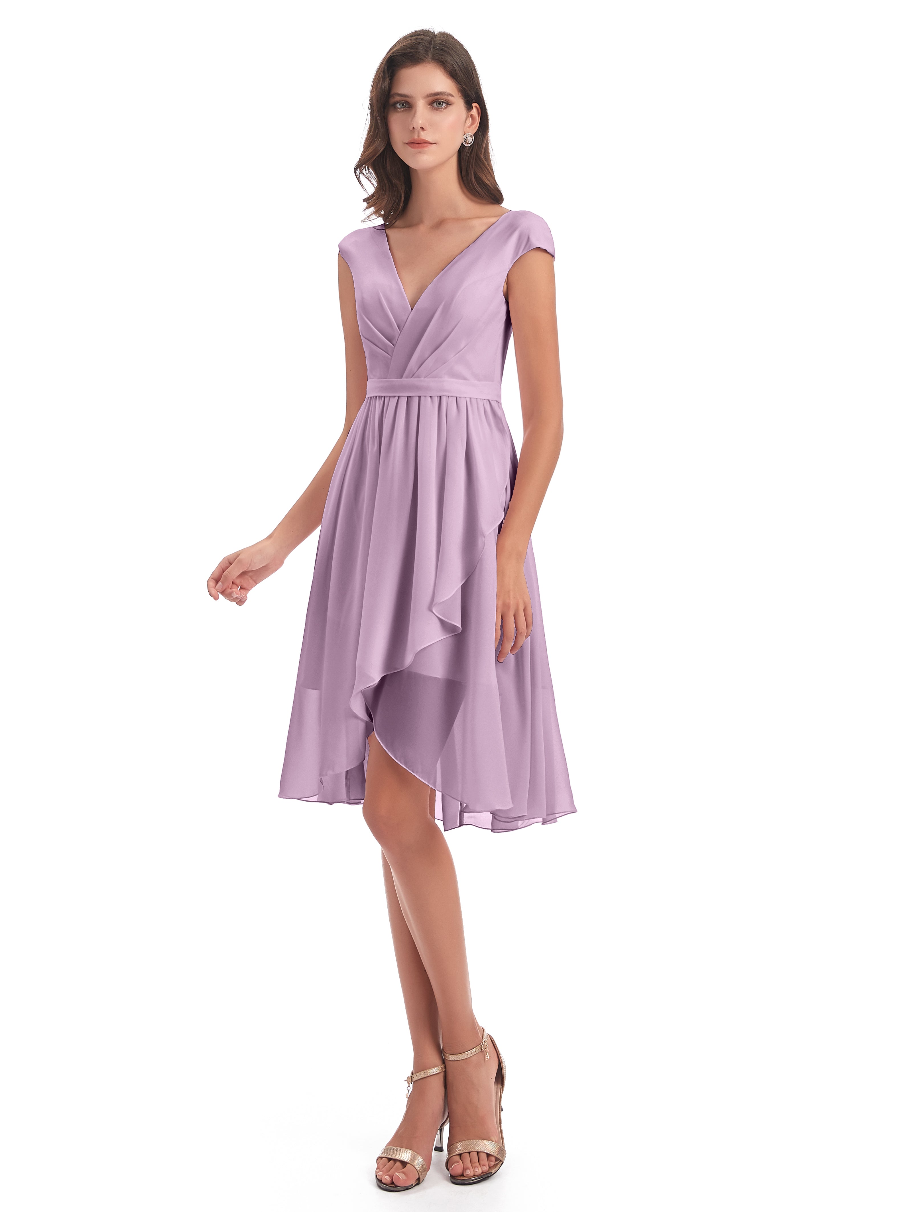 Robes De Demoiselle D'Honneur Glycine Trapèze Longueur Genou Mancherons Robes Demoiselle D'Honneur