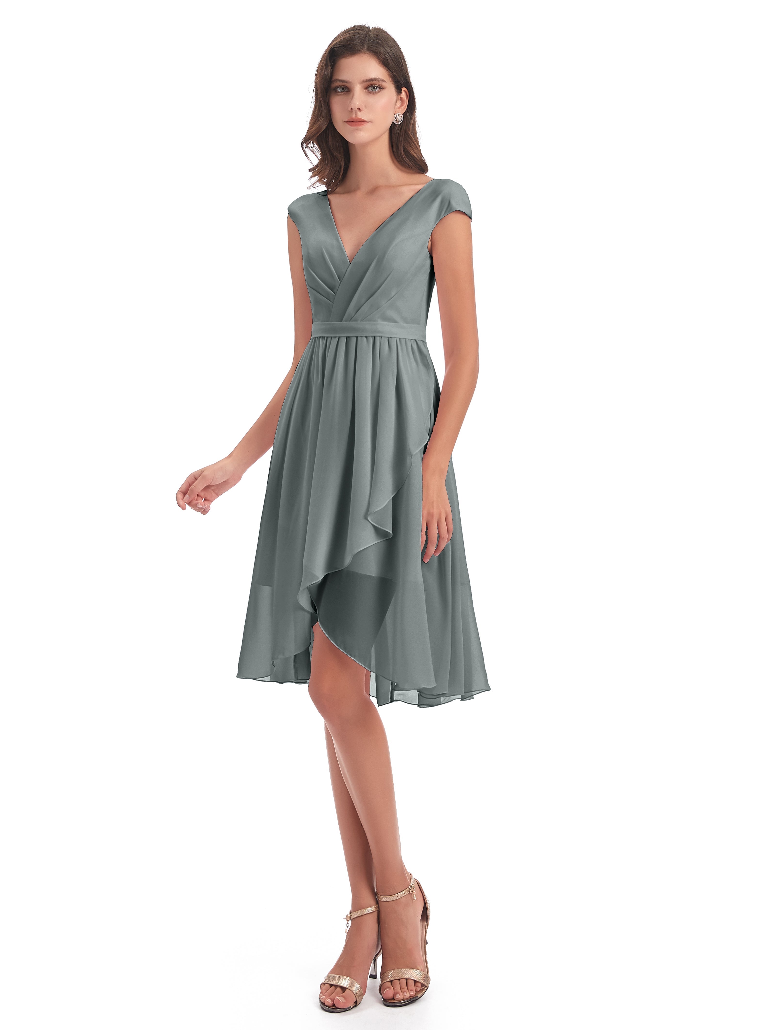 Demoiselle D Honneur Gris Trapèze Longueur Genou Mancherons Robes Demoiselle D'Honneur