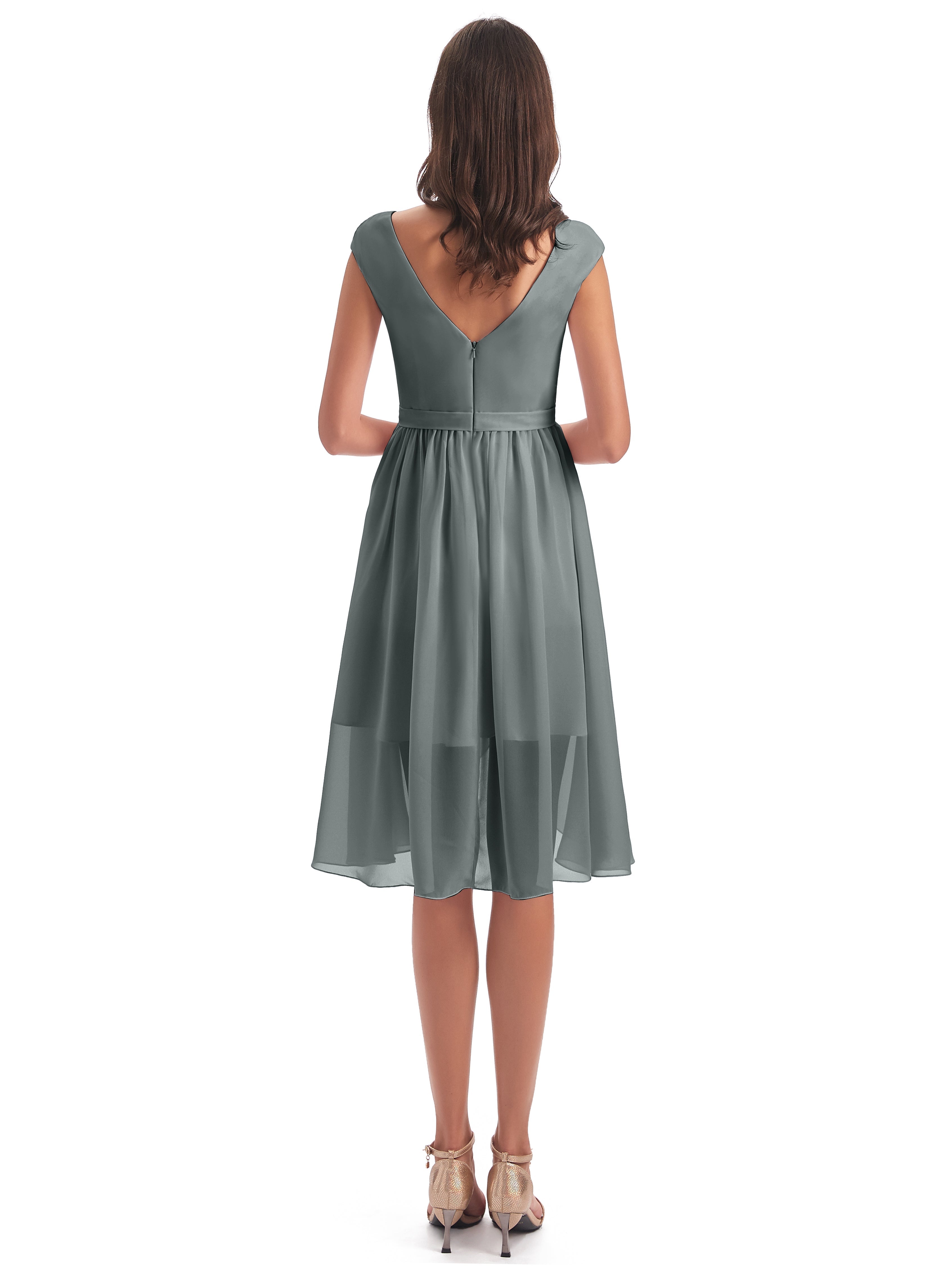 Demoiselle D Honneur Gris Trapèze Longueur Genou Mancherons Robes Demoiselle D'Honneur