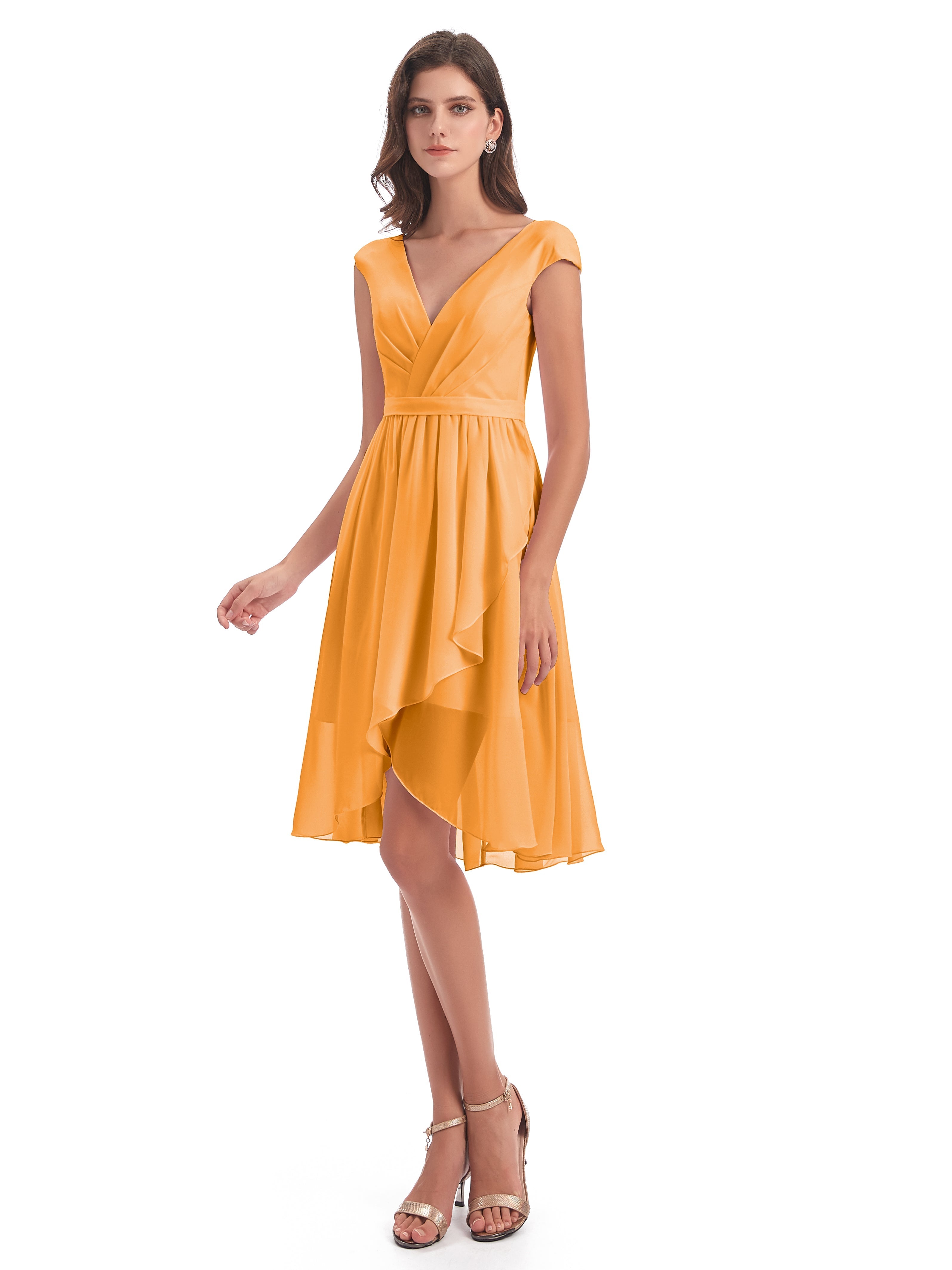 Robes De Demoiselle D'Honneur Mandarine Trapèze Longueur Genou Mancherons Robes Demoiselle D'Honneur